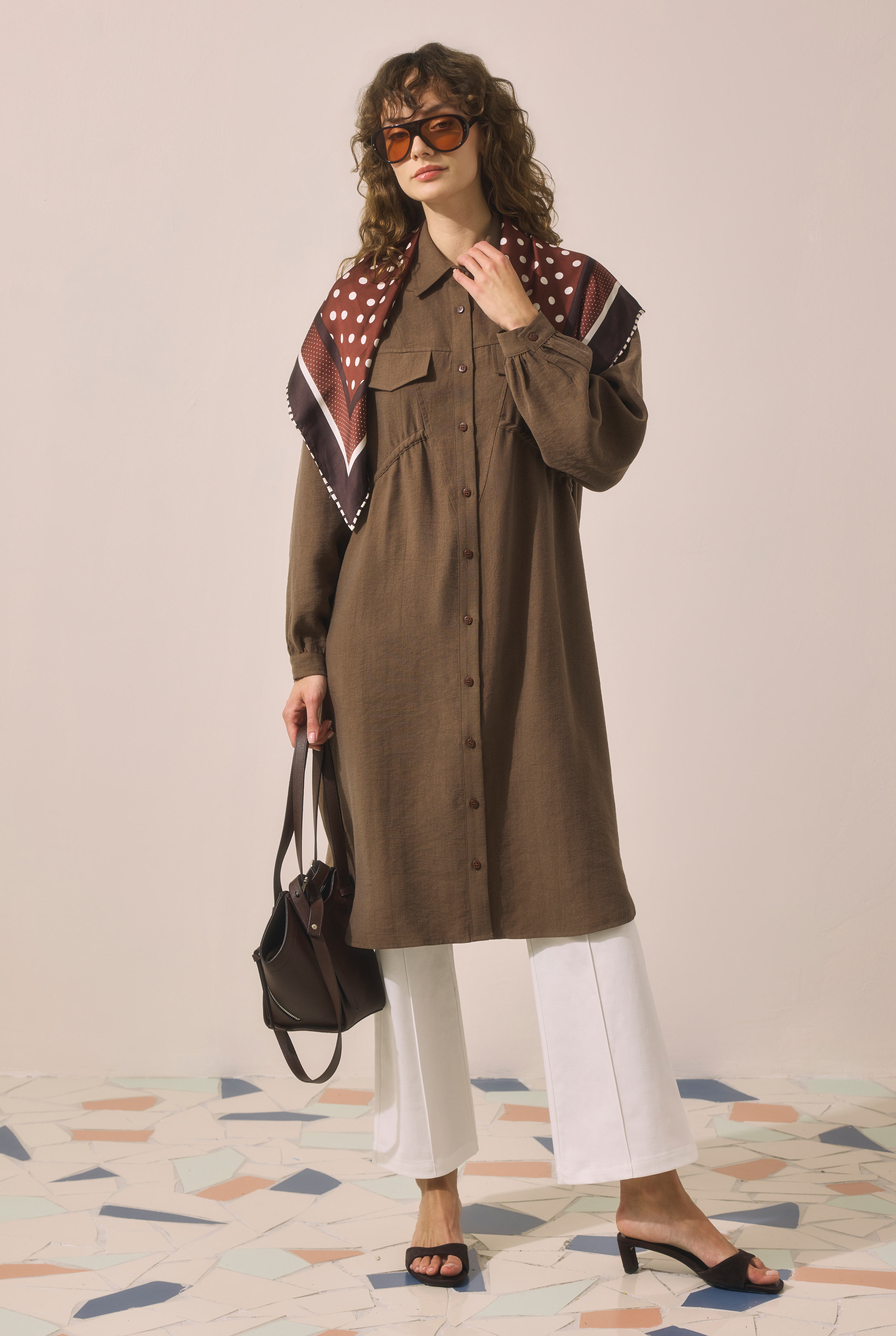 Long Ruched Detail Shirt Brown - 3