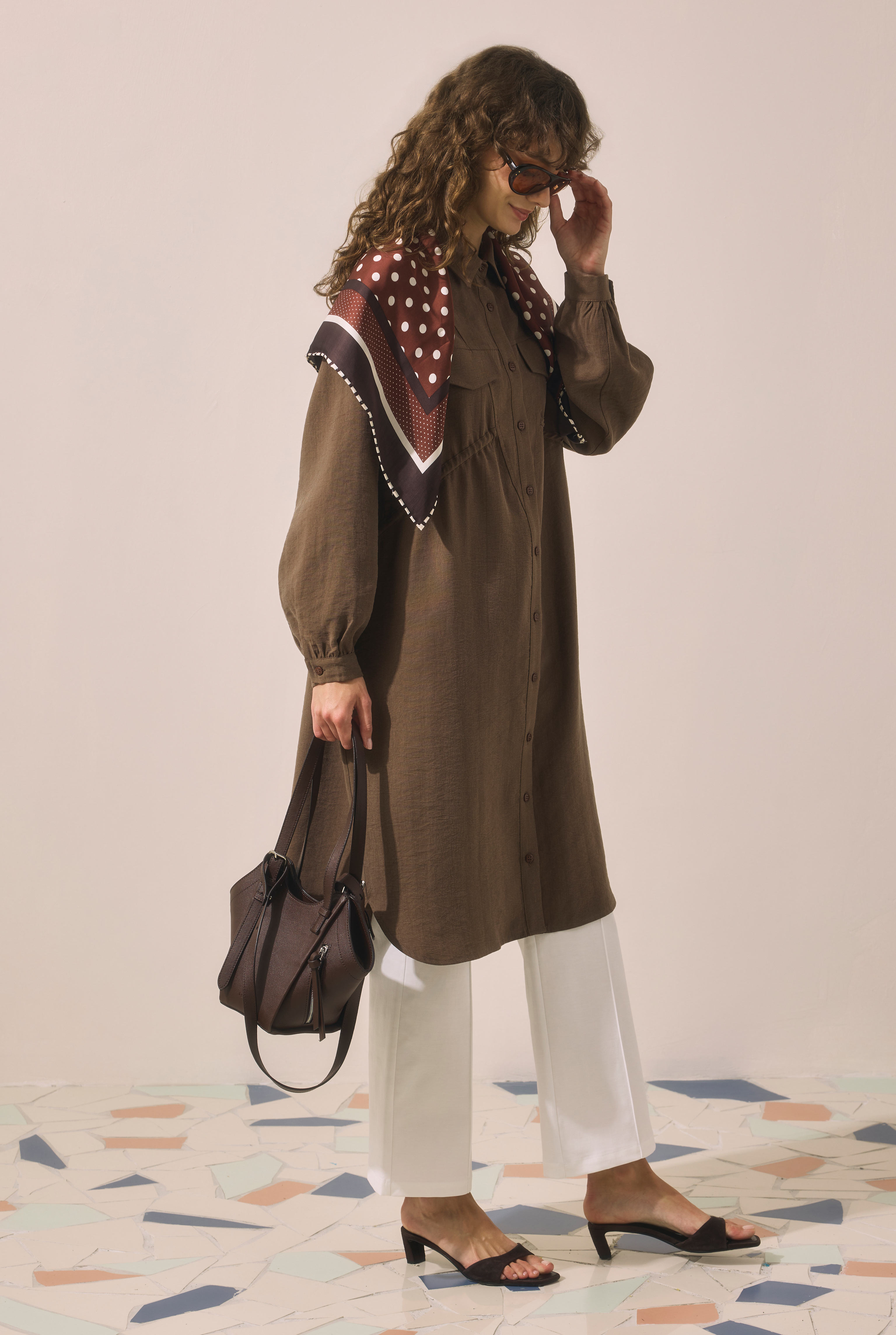 Long Ruched Detail Shirt Brown - 4