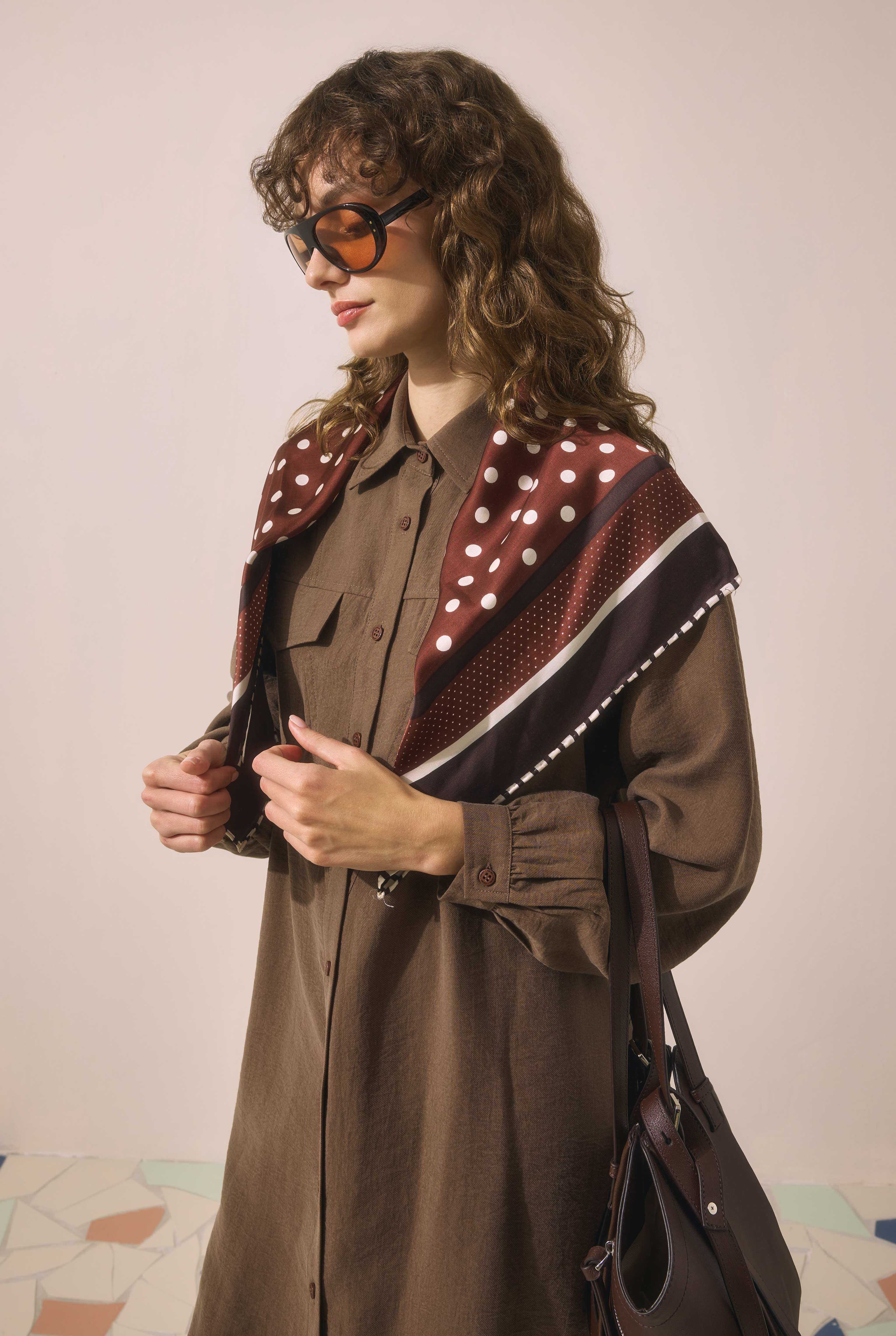 Long Ruched Detail Shirt Brown - 5