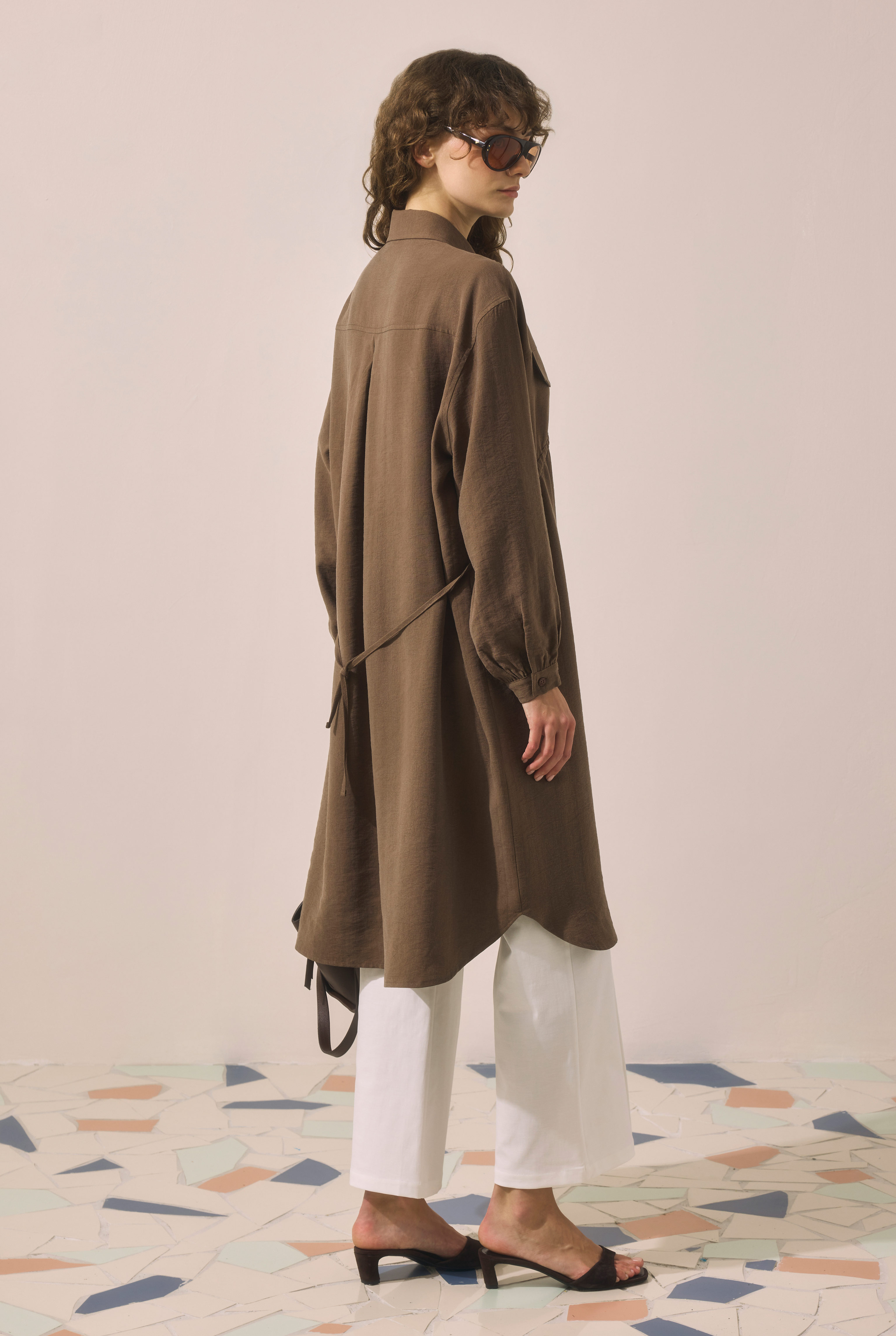 Long Ruched Detail Shirt Brown - 7