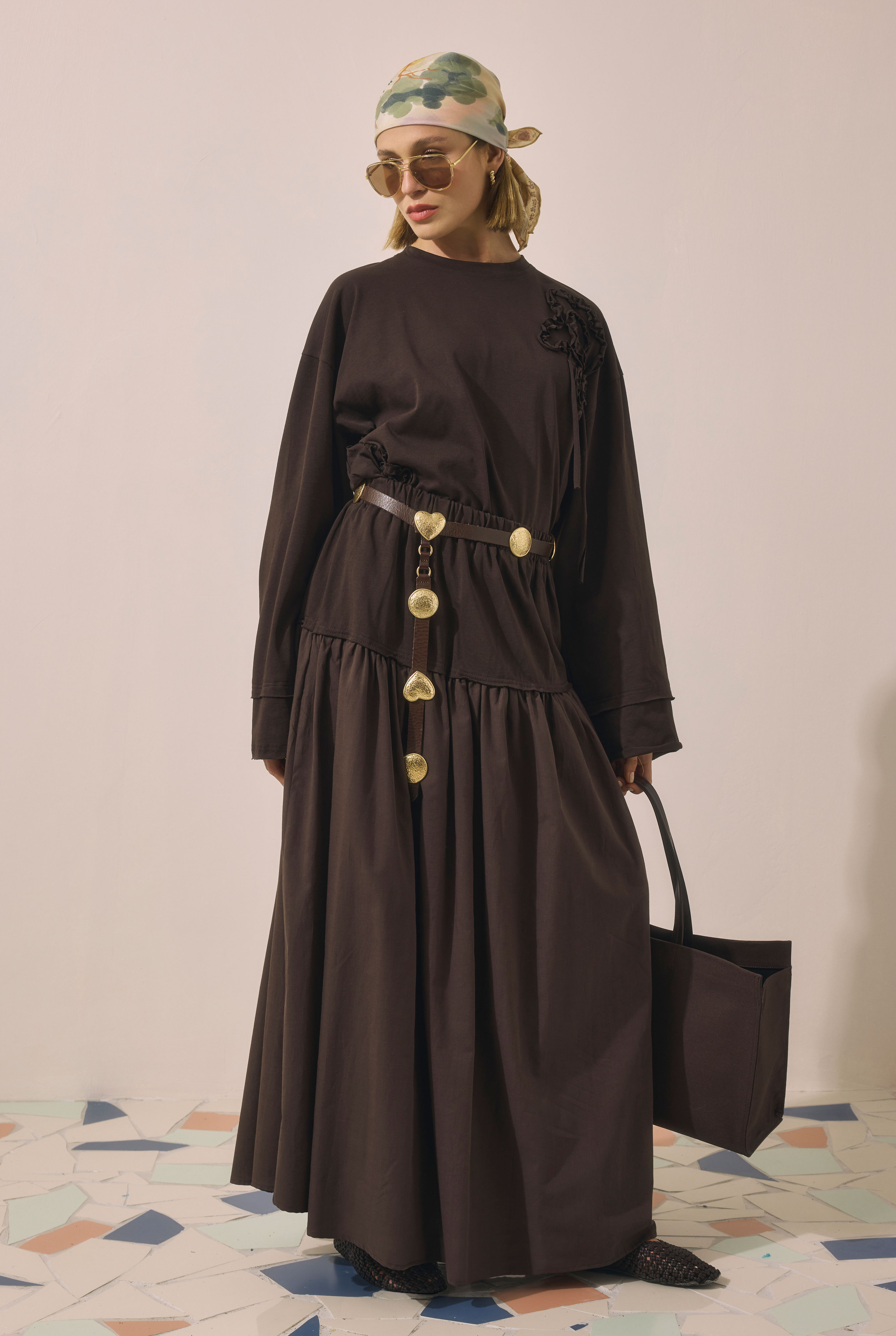 Yoke Detailed Voile Skirt Brown - HE-QA