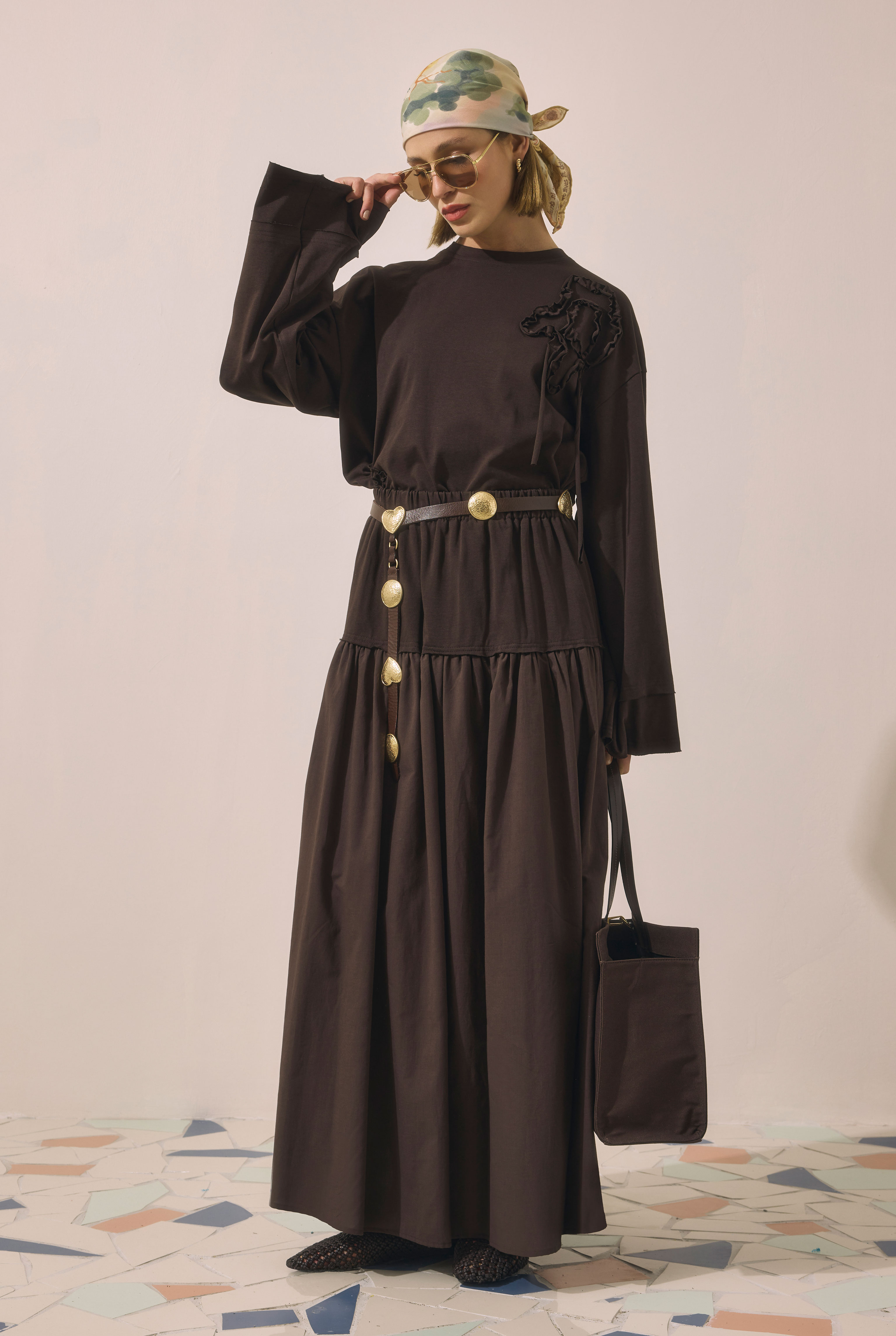 Yoke Detailed Voile Skirt Brown - 2