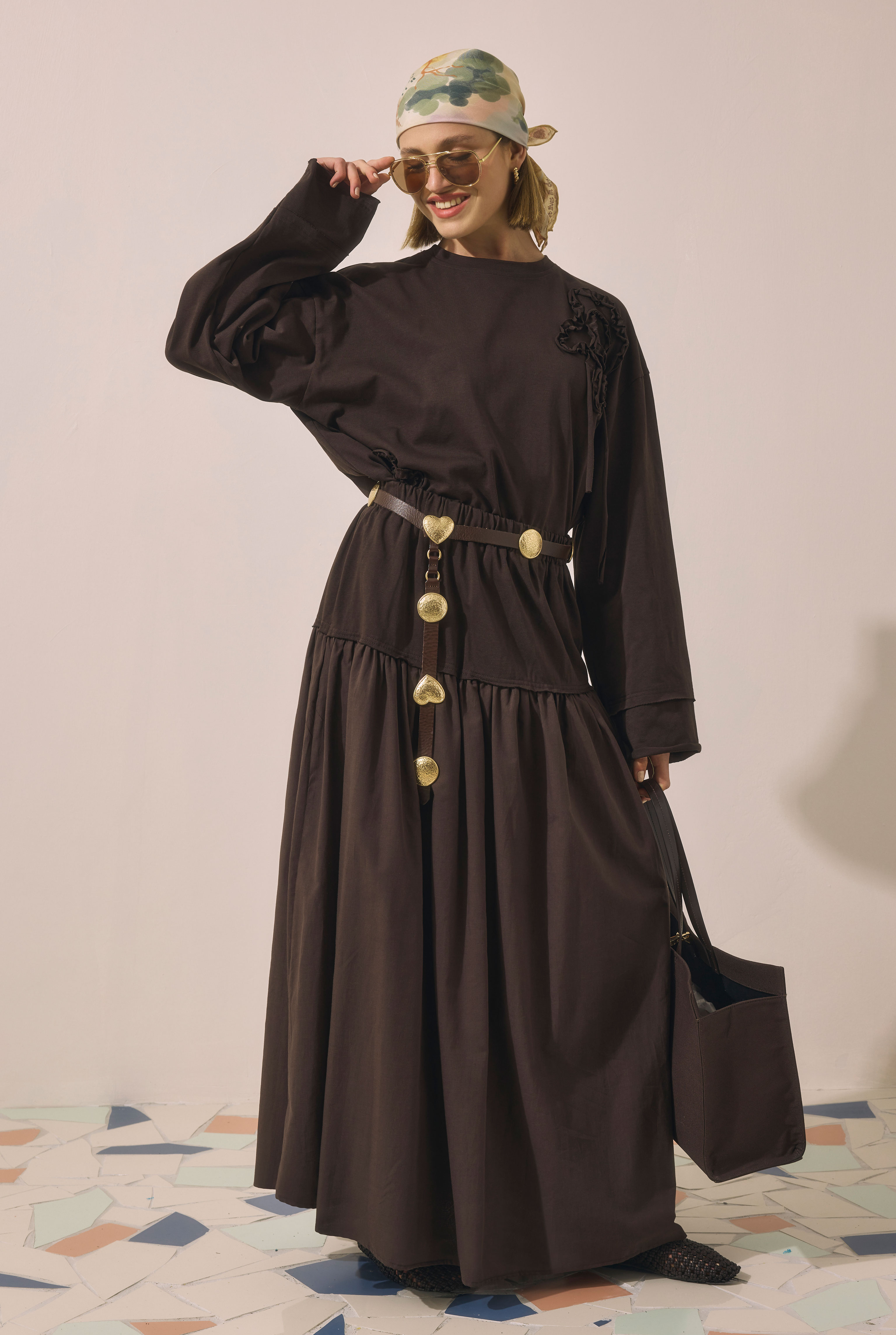 Yoke Detailed Voile Skirt Brown - 3
