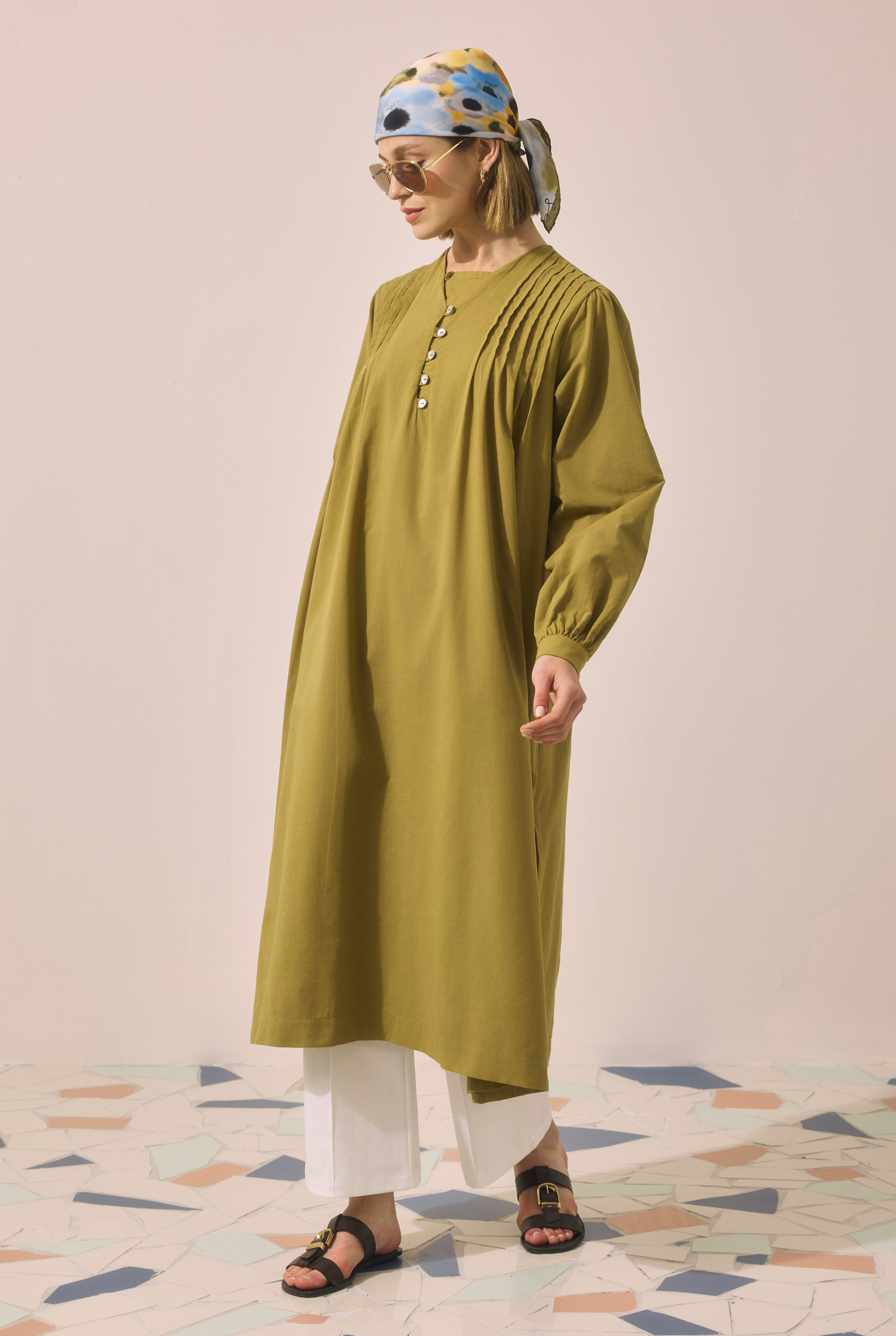 Pintuck Detailed Long Tunic Olive - HE-QA