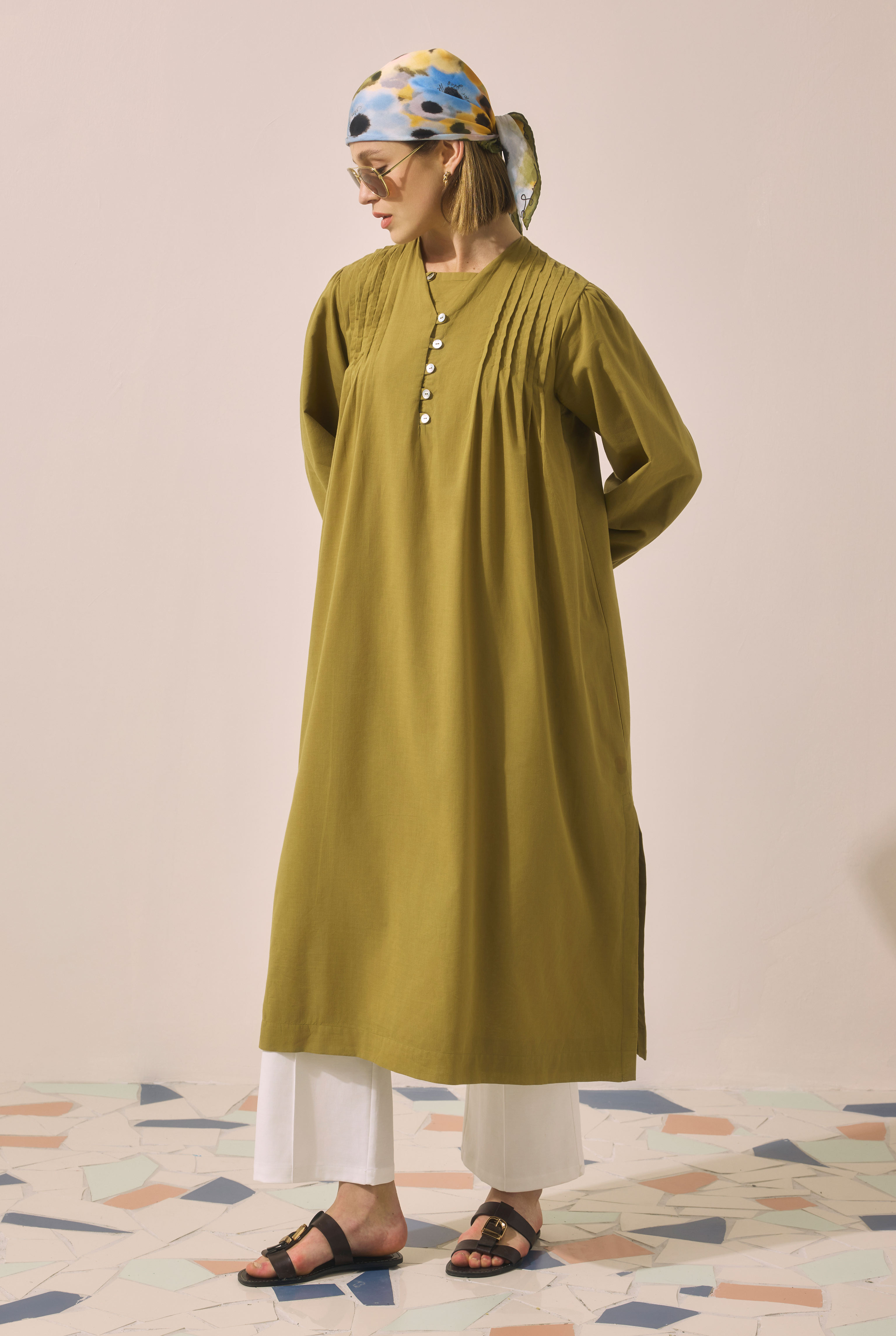Pintuck Detailed Long Tunic Olive - 2