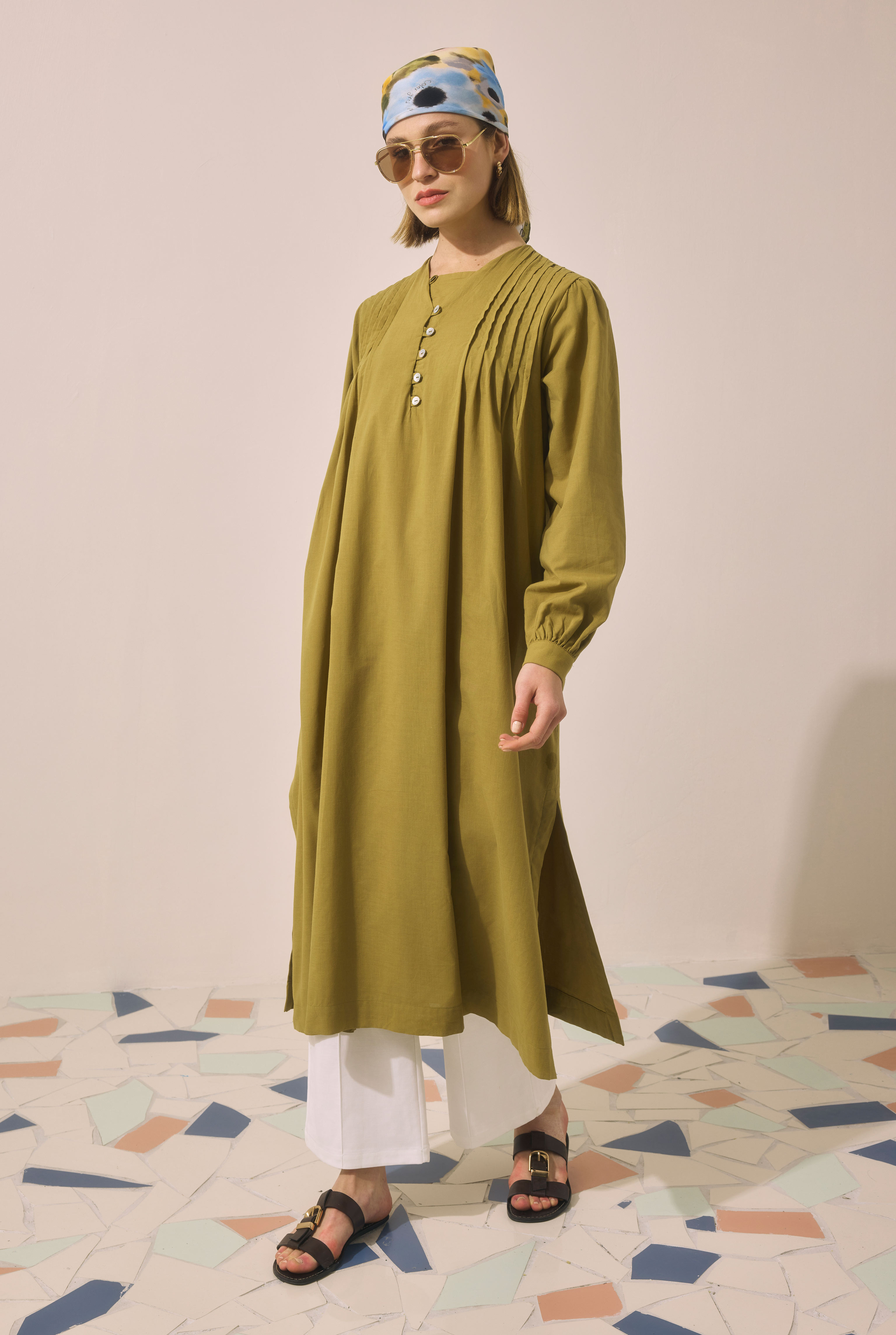 Pintuck Detailed Long Tunic Olive - 3