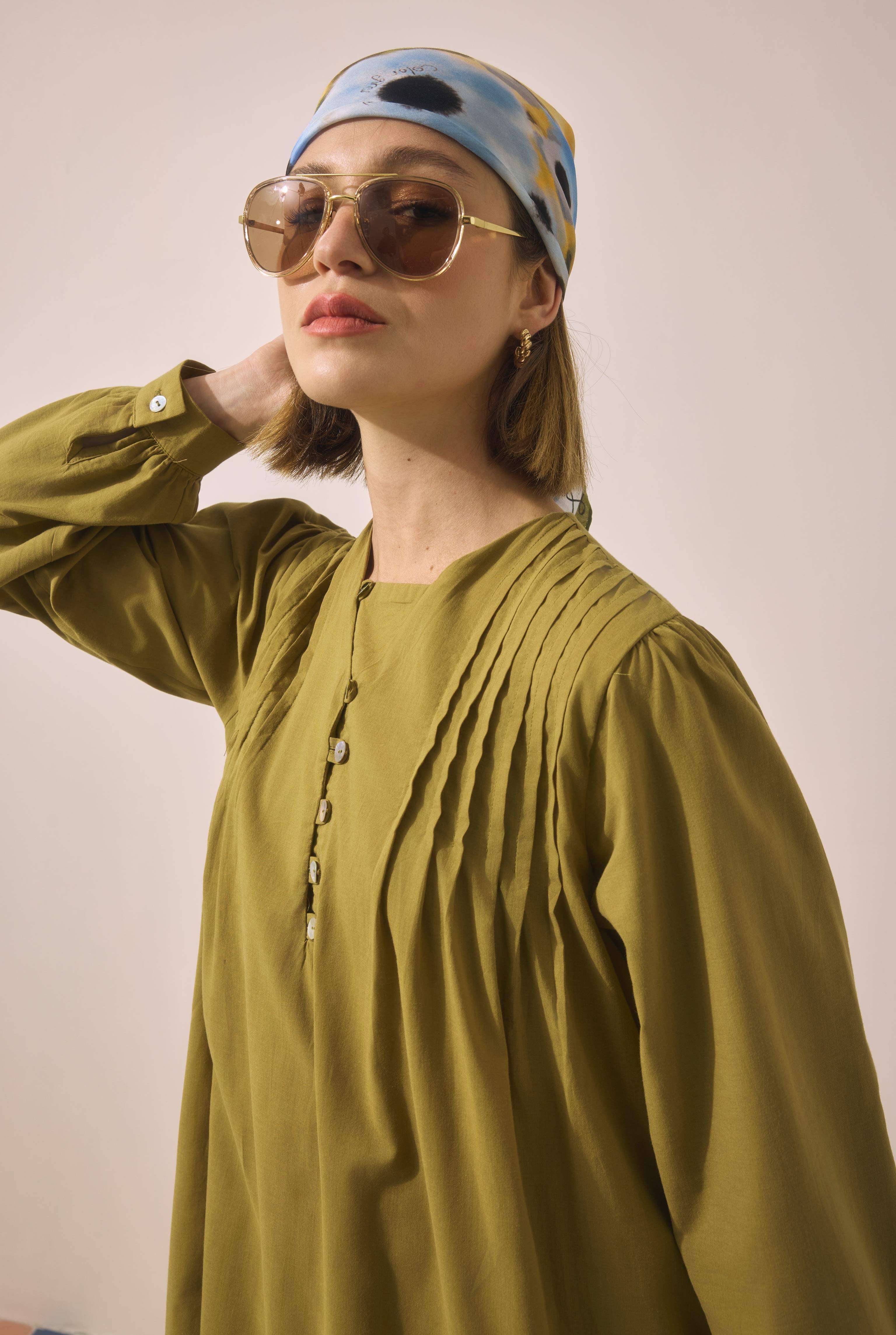 Pintuck Detailed Long Tunic Olive - 5