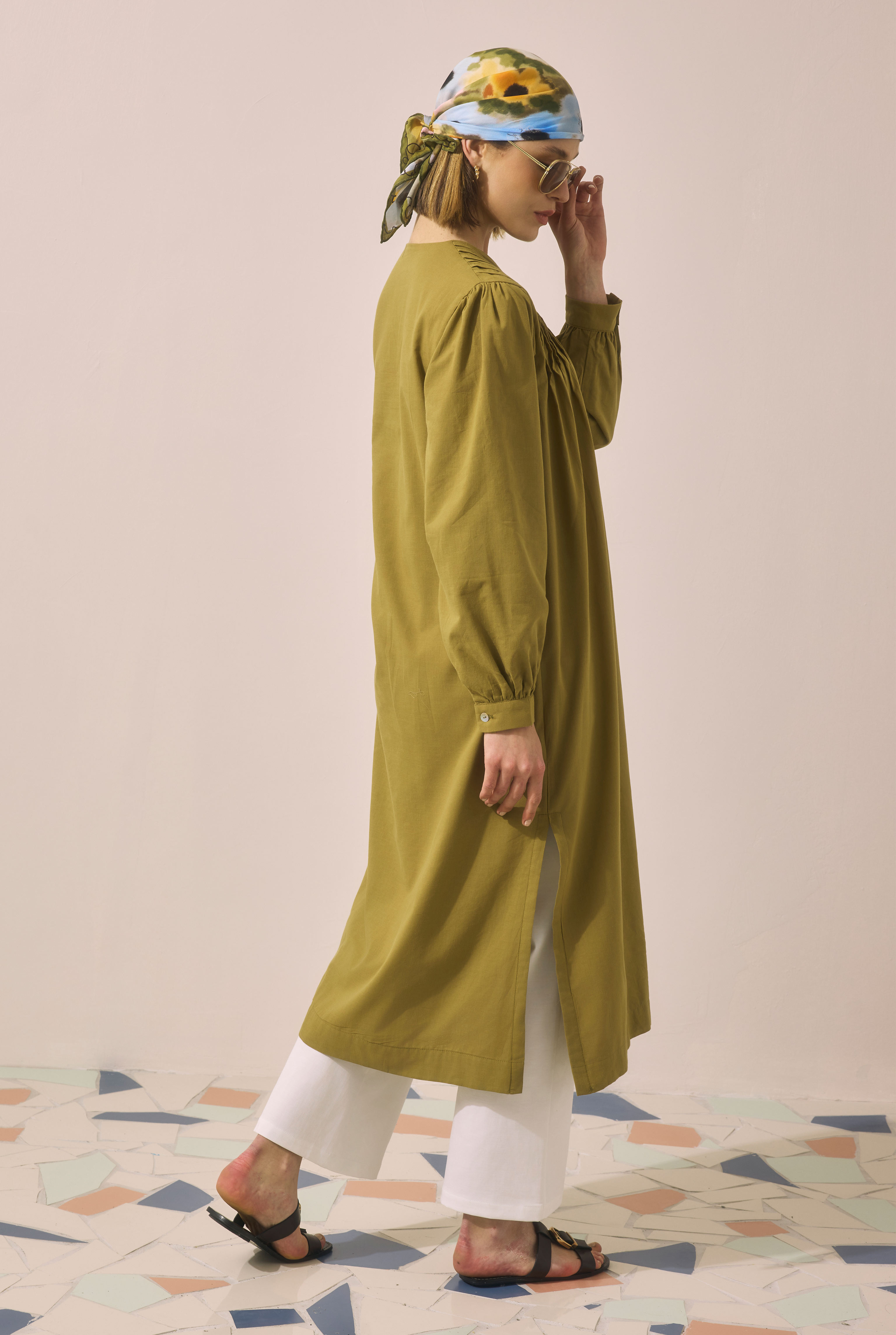 Pintuck Detailed Long Tunic Olive - 4