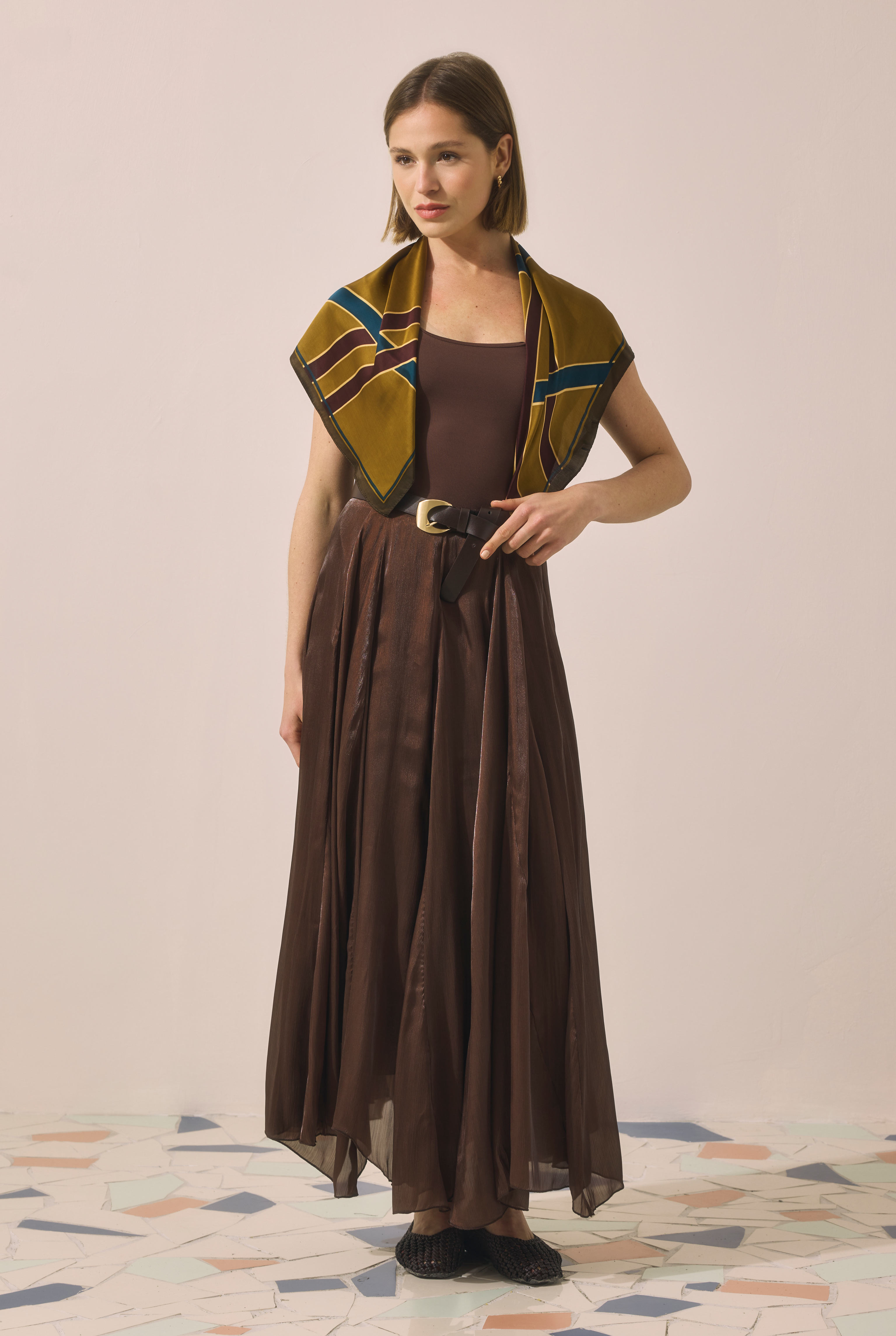 Shimmery Crinkle Skirt Brown - HE-QA