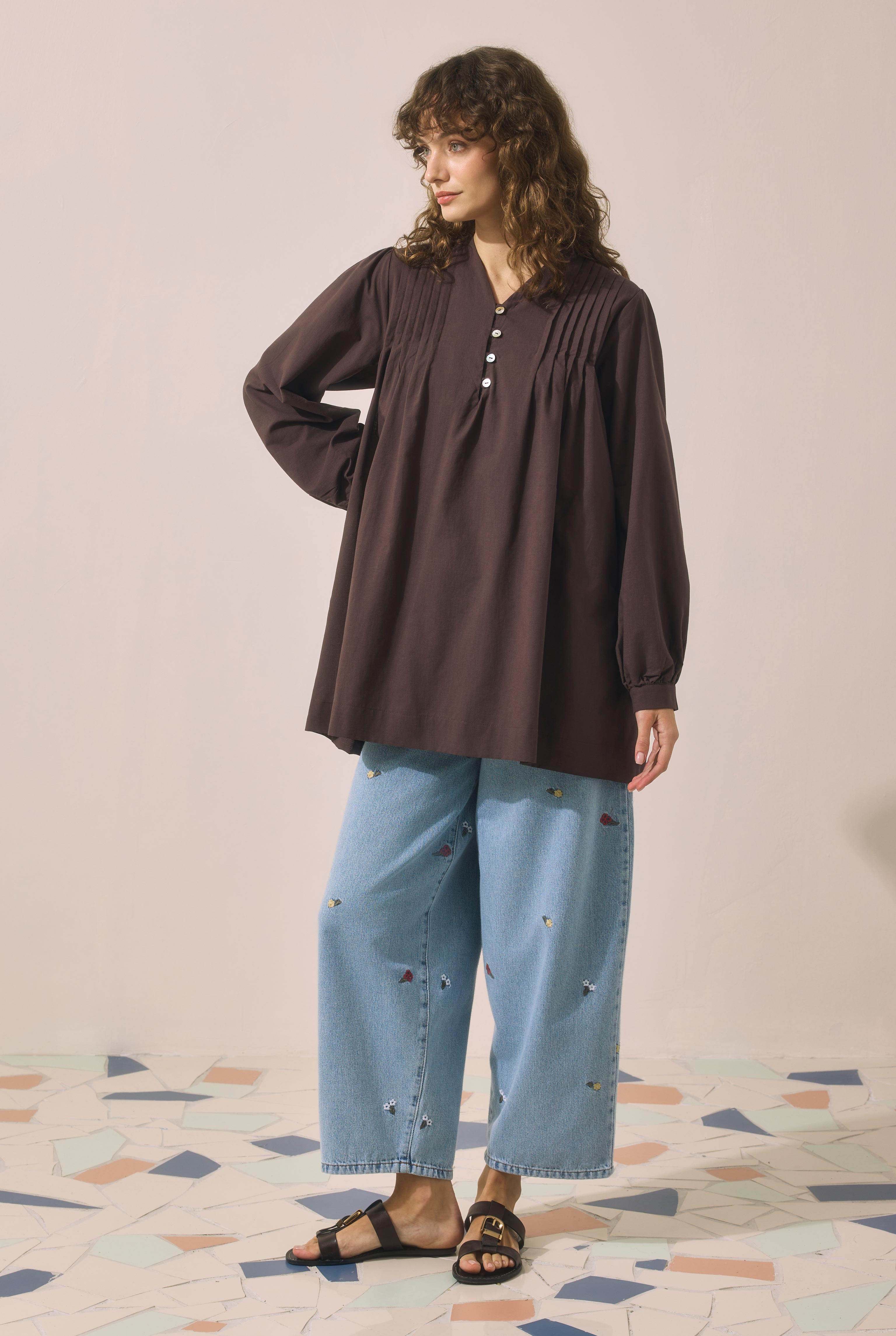 Pintuck Detail Voile Tunic Dark Brown - HE-QA