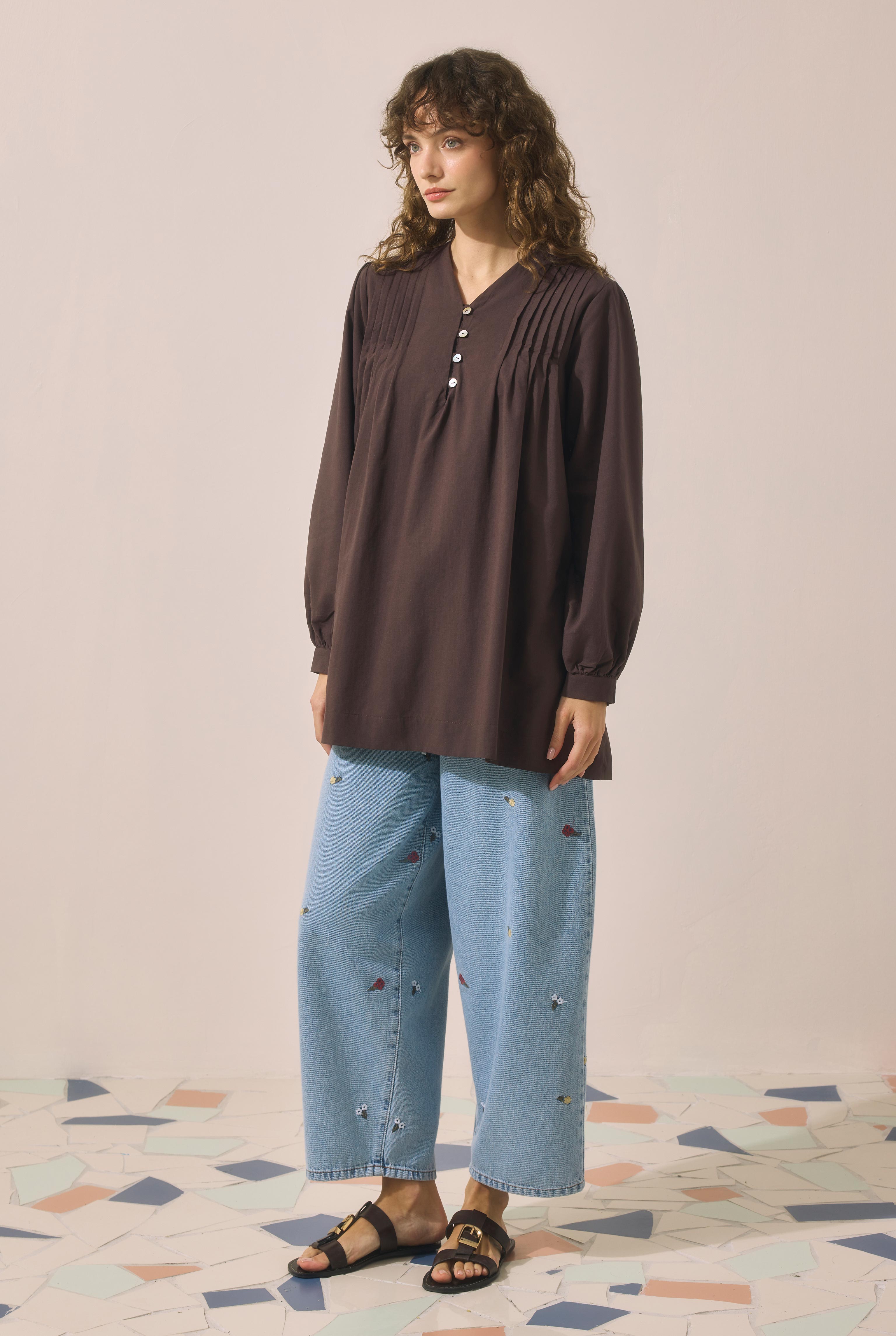 Pintuck Detail Voile Tunic Dark Brown - 2