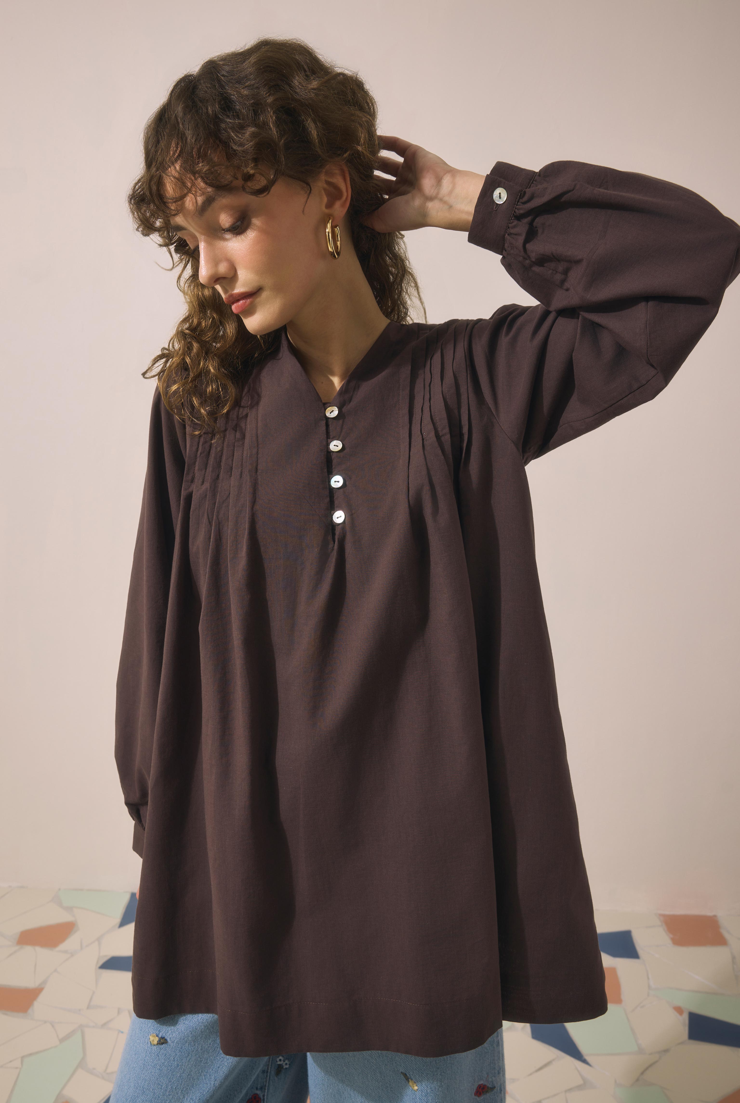 Pintuck Detail Voile Tunic Dark Brown - 3