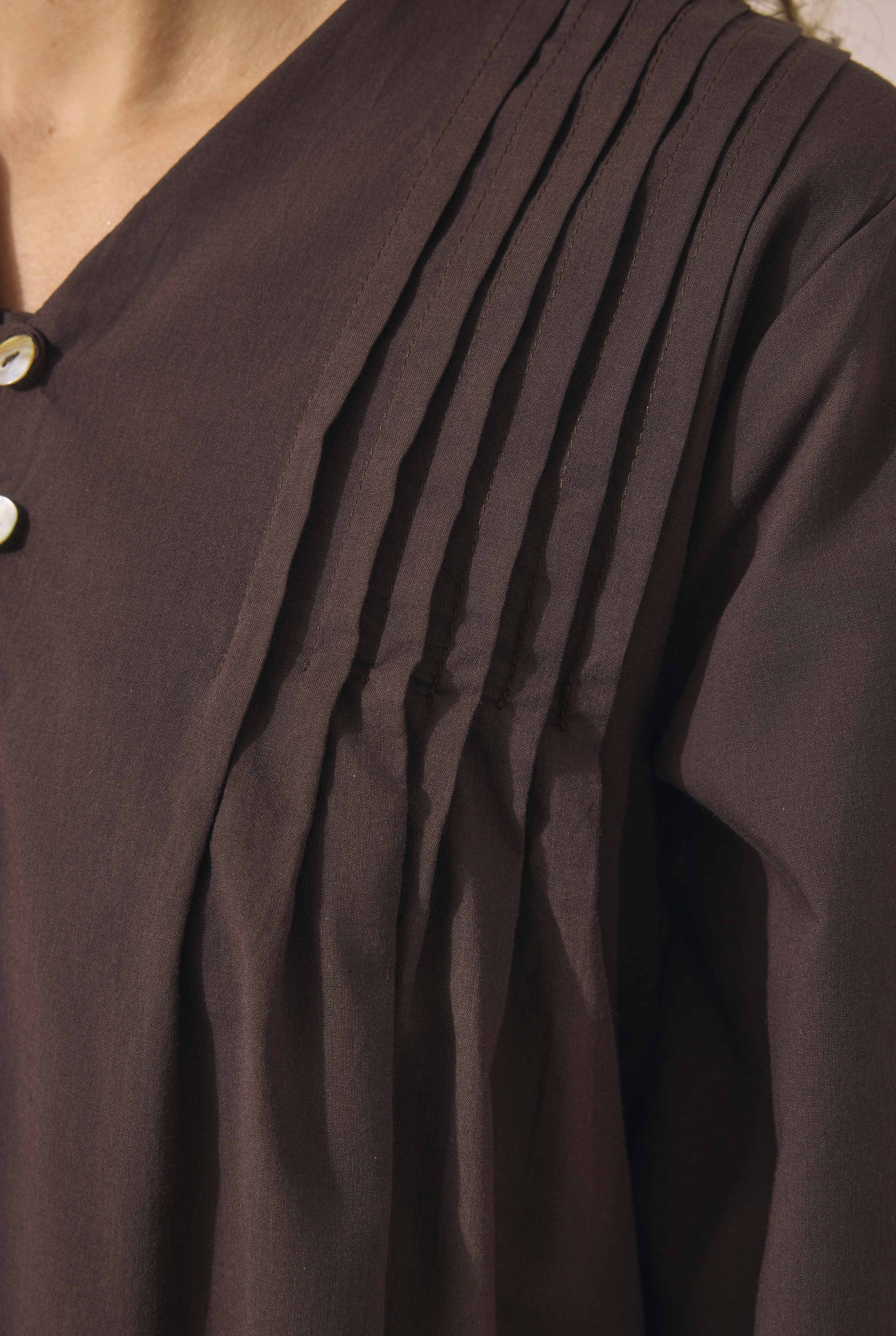 Pintuck Detail Voile Tunic Dark Brown - 5