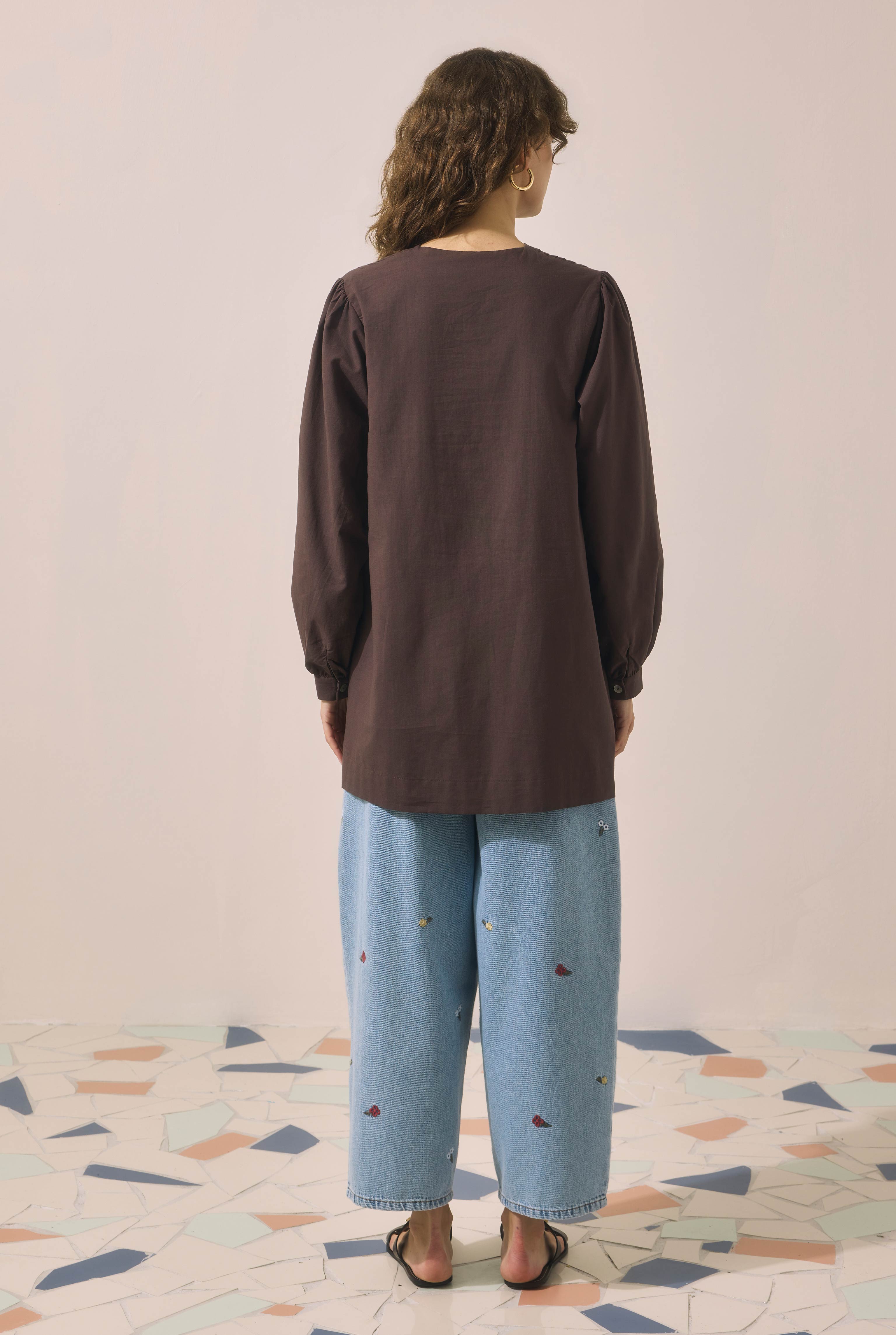 Pintuck Detail Voile Tunic Dark Brown - 4