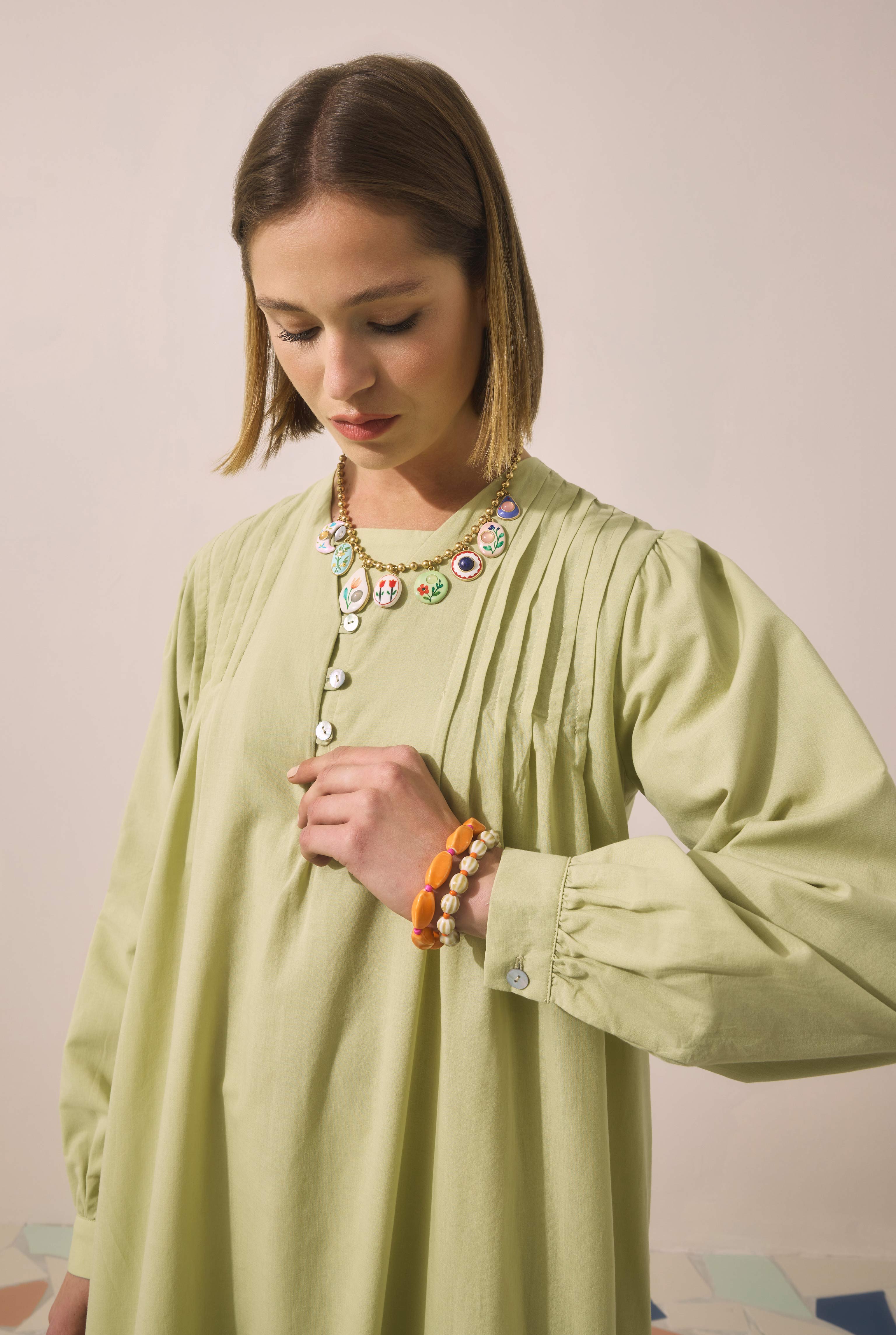 Pintuck Detailed Long Tunic Light Sage Green - 4
