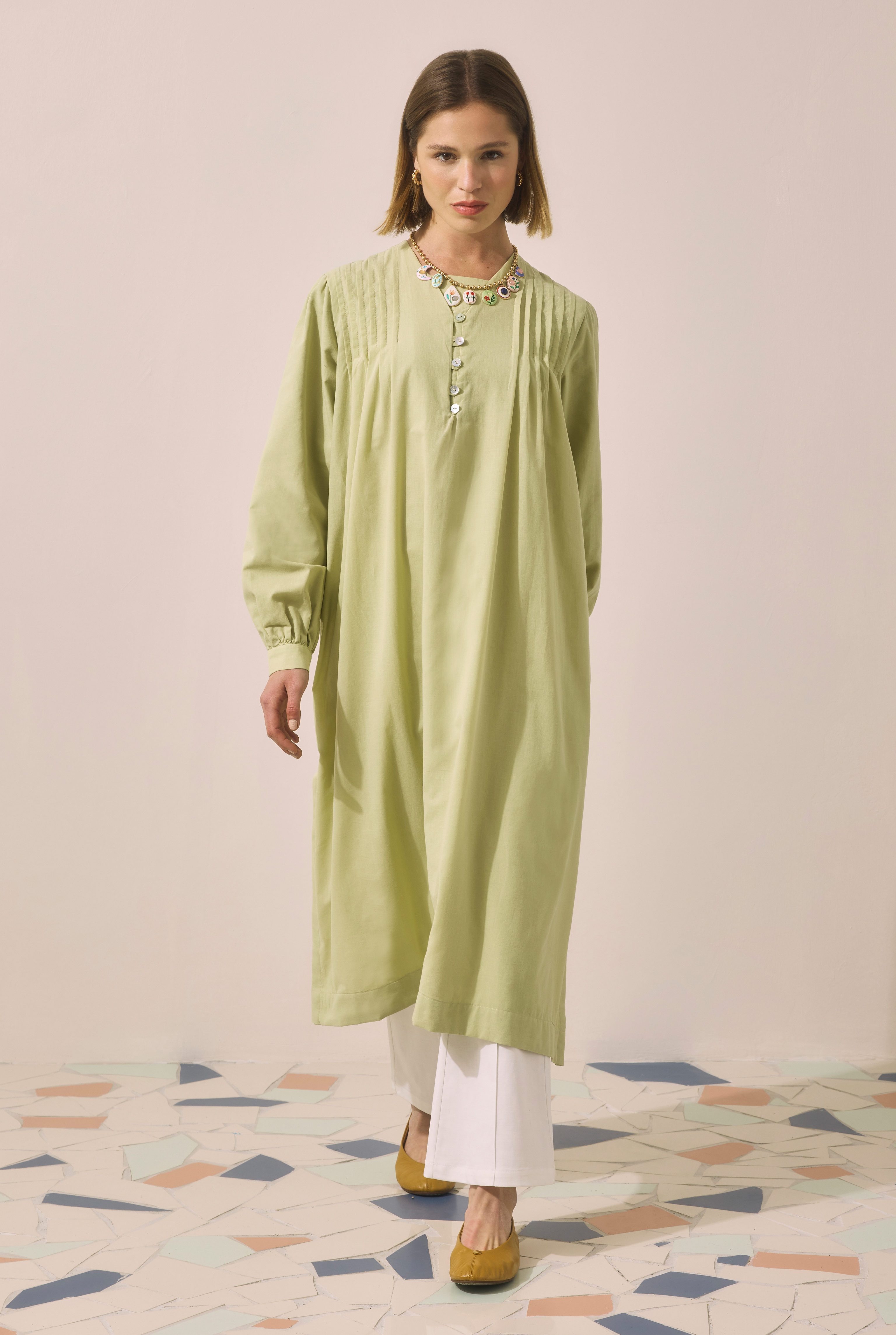 Pintuck Detailed Long Tunic Light Sage Green - 2