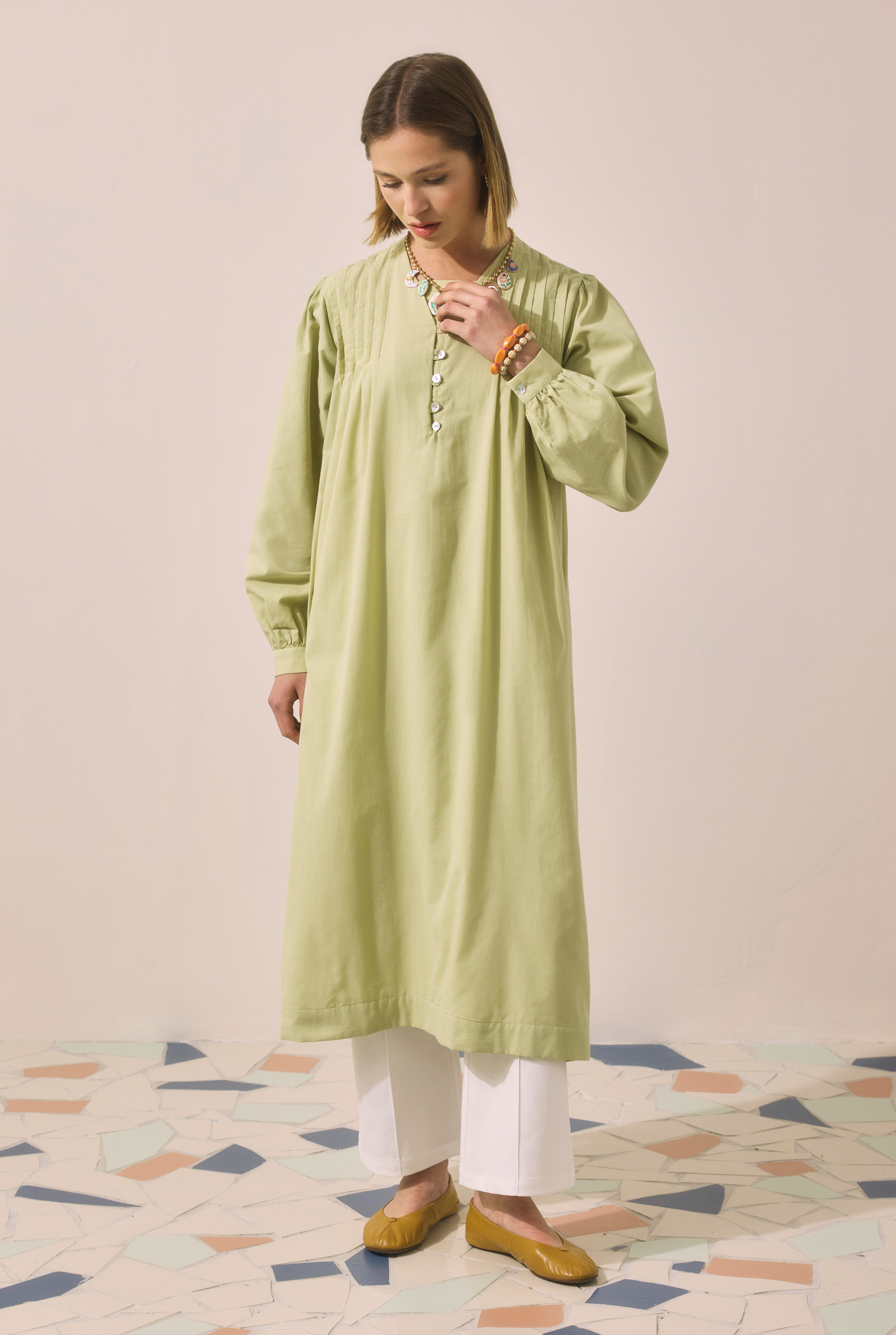 Pintuck Detailed Long Tunic Light Sage Green - 1