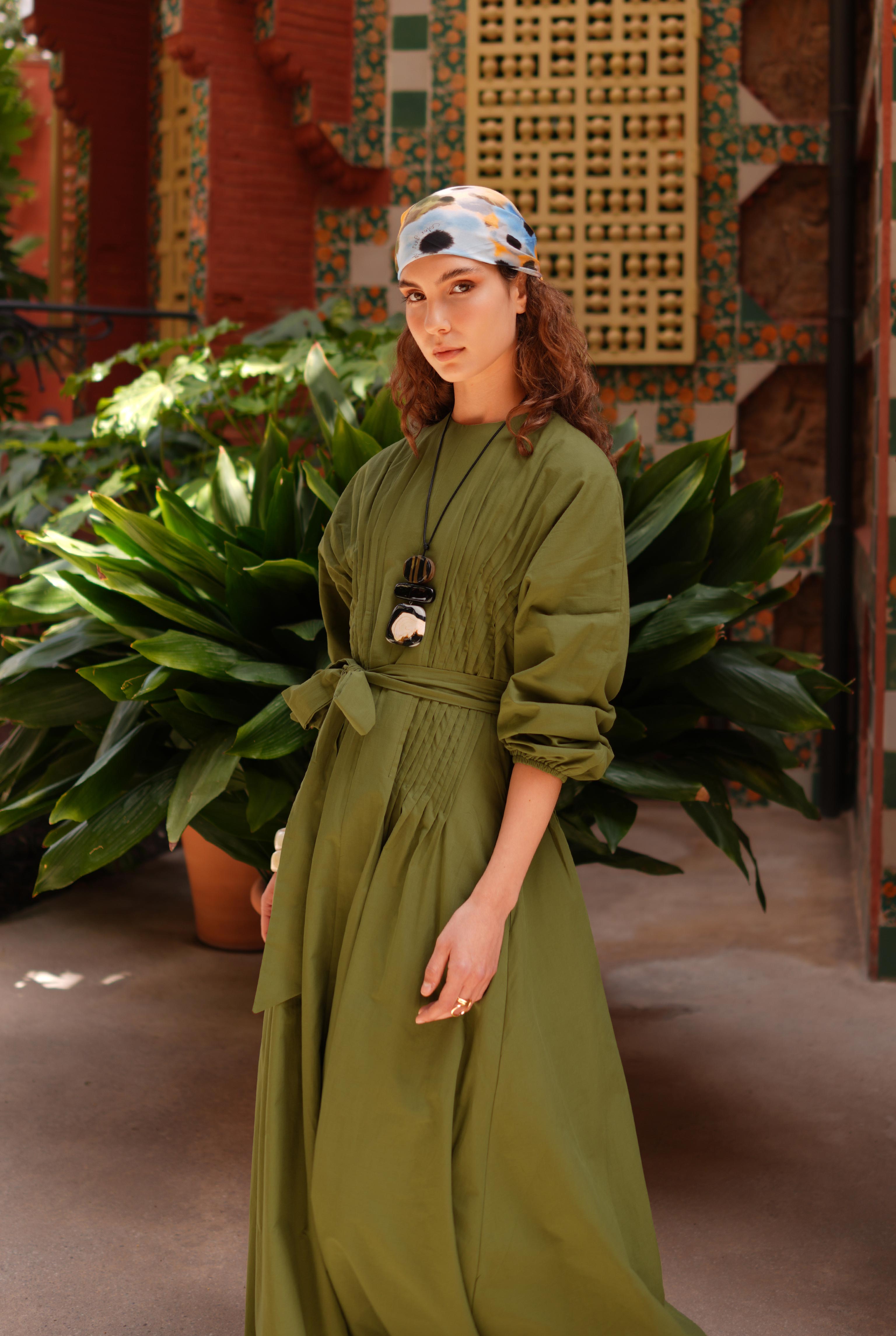 Pintuck Detail Dress Oil Green - 3