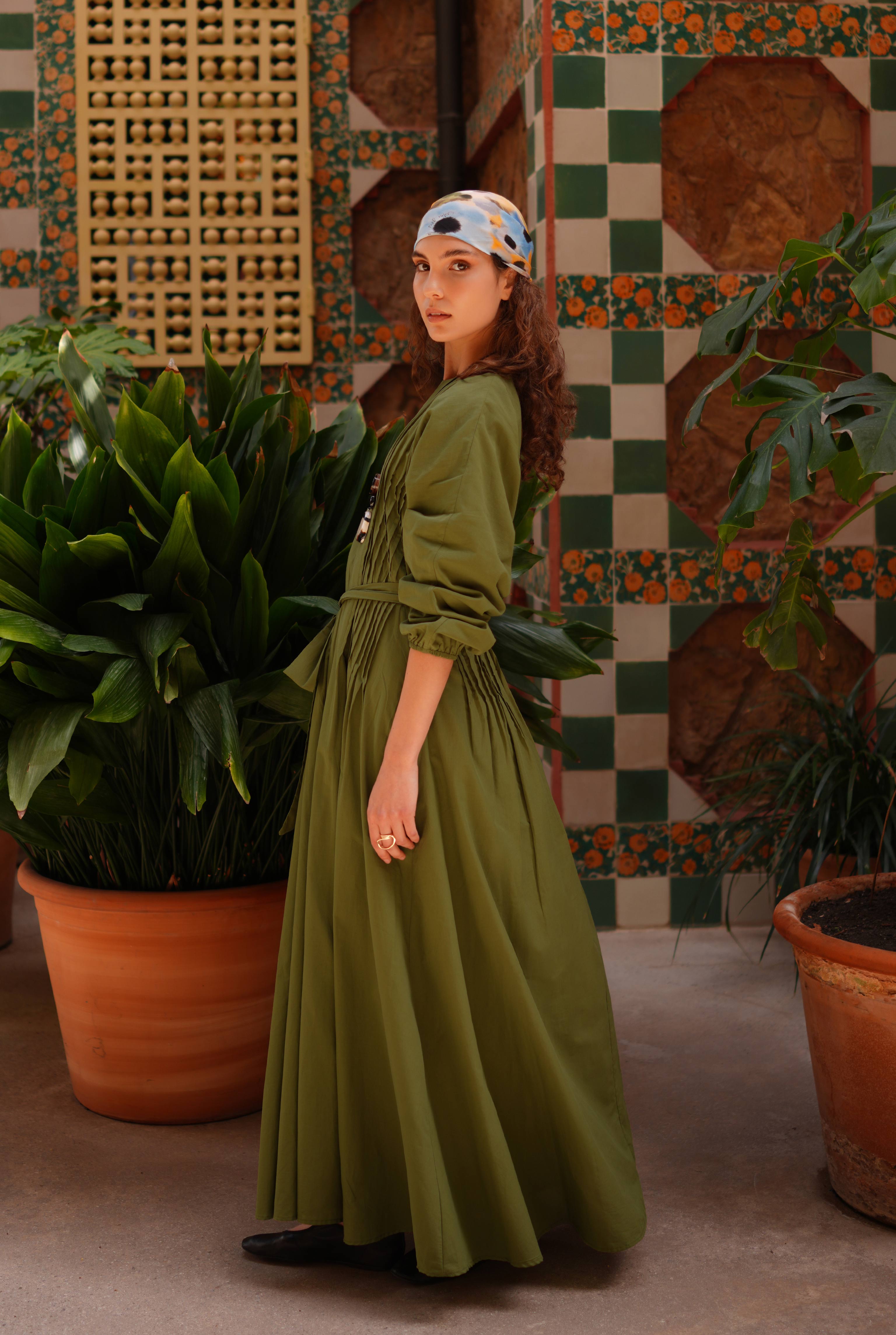 Pintuck Detail Dress Oil Green - 6