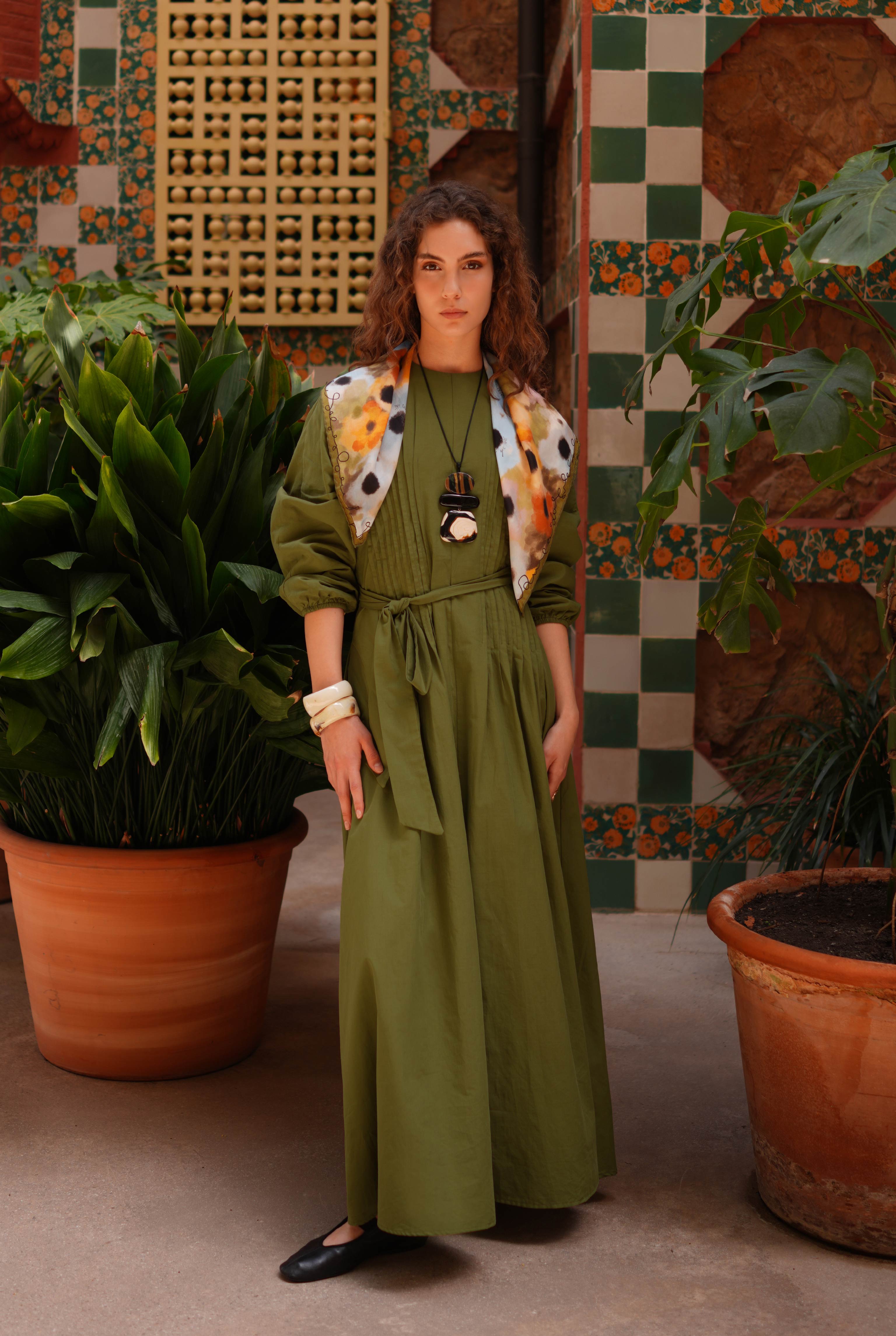 Pintuck Detail Dress Oil Green - 4