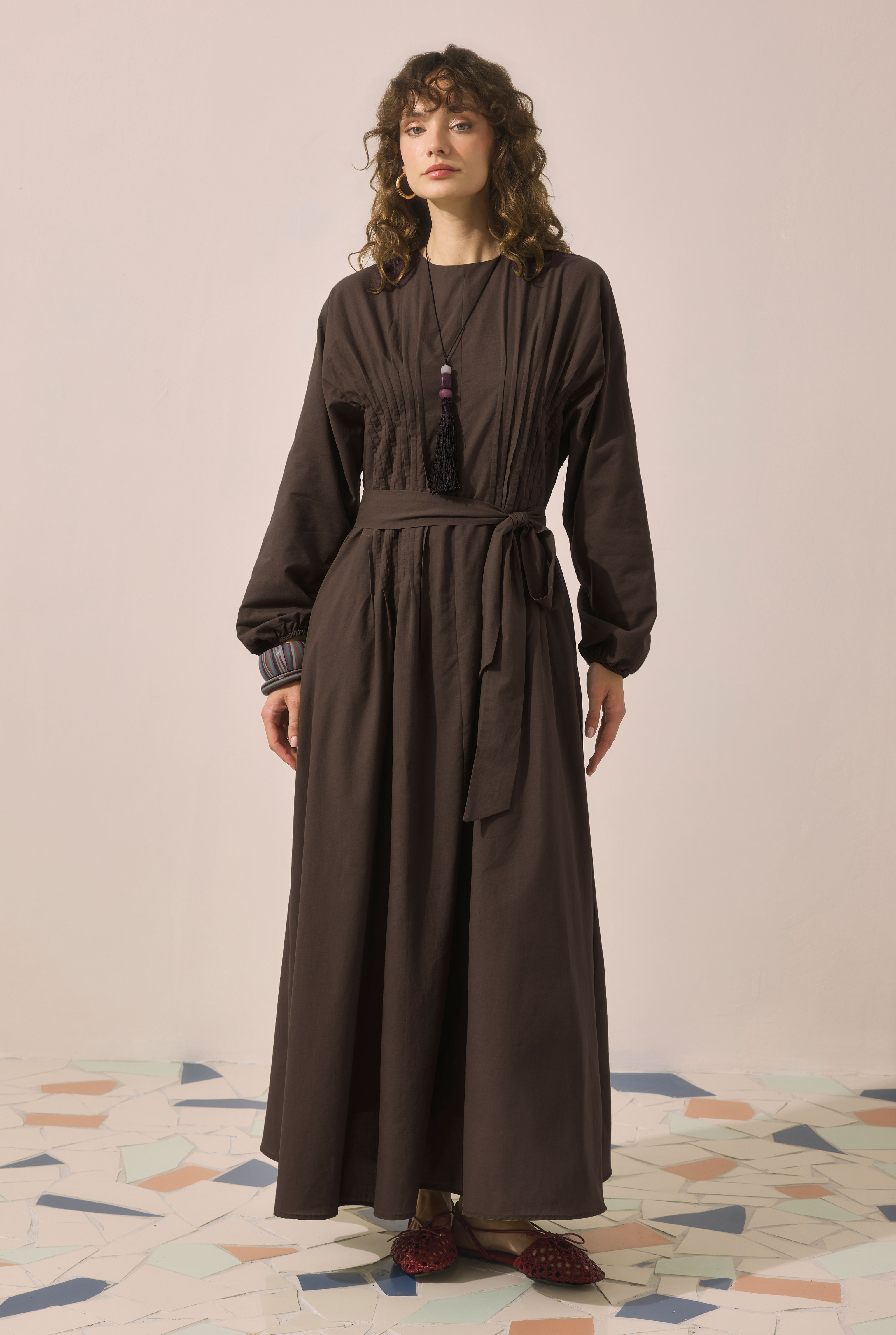 Pintuck Detail Dress Brown - 1