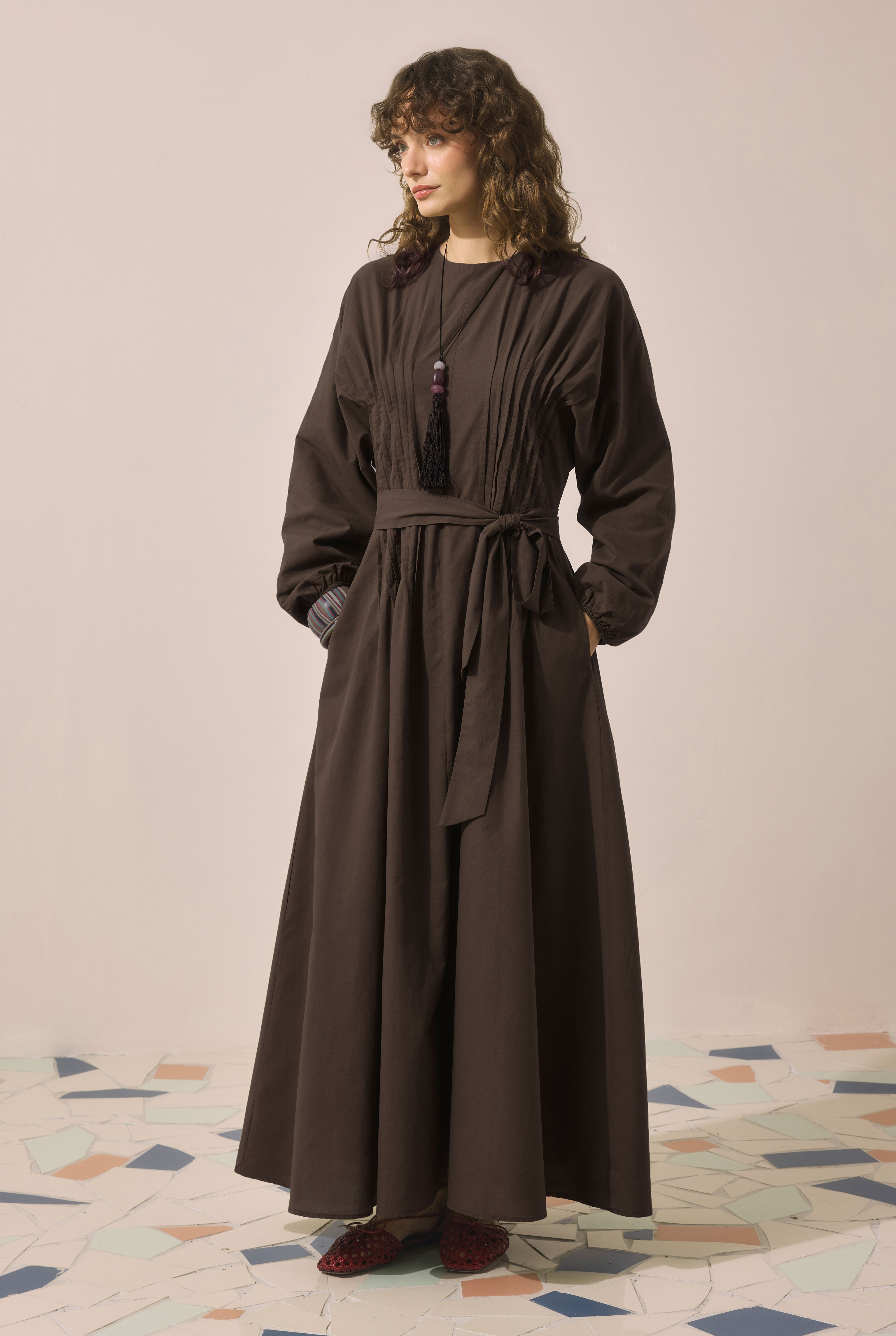 Pintuck Detail Dress Brown - 3