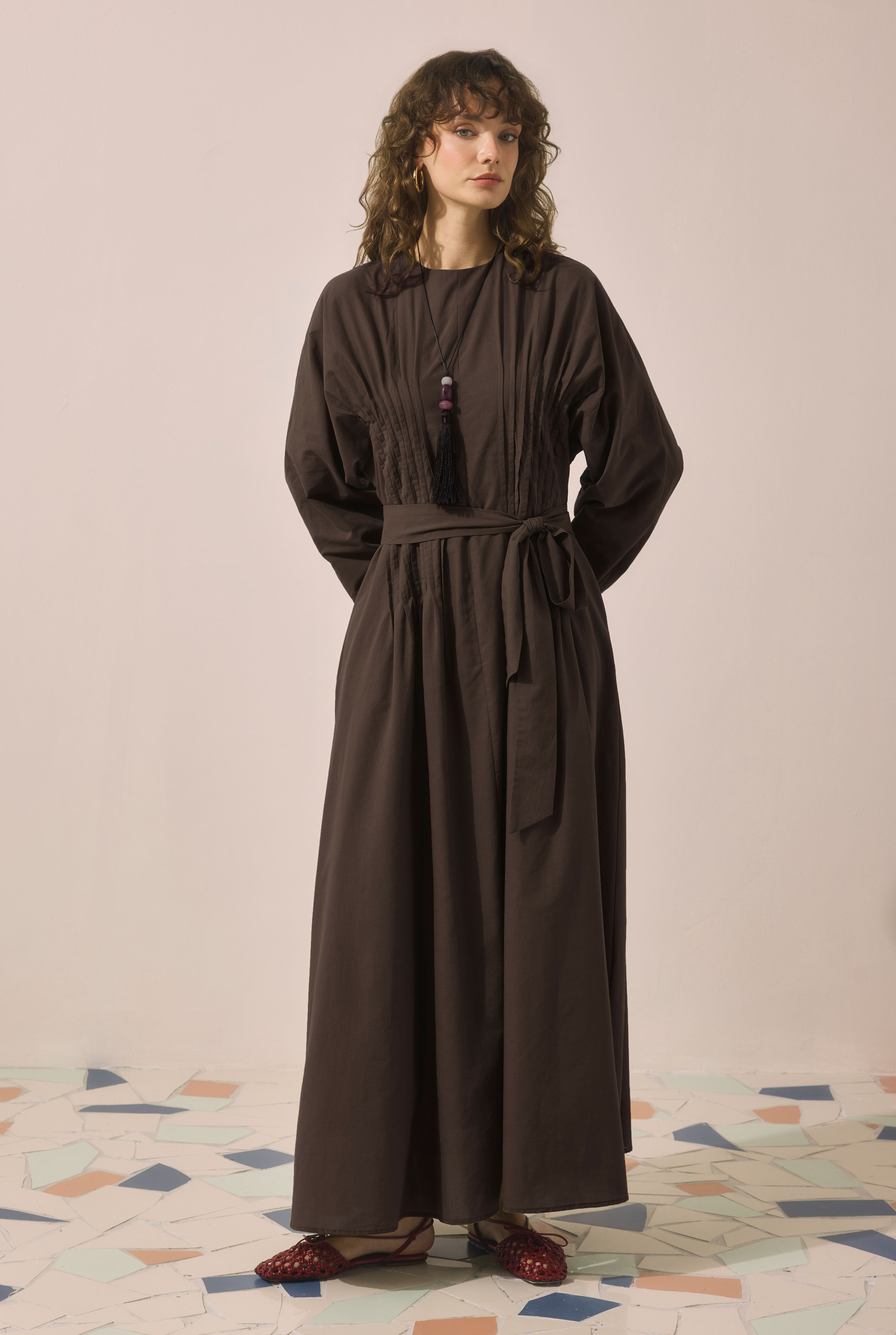 Pintuck Detail Dress Brown - 4