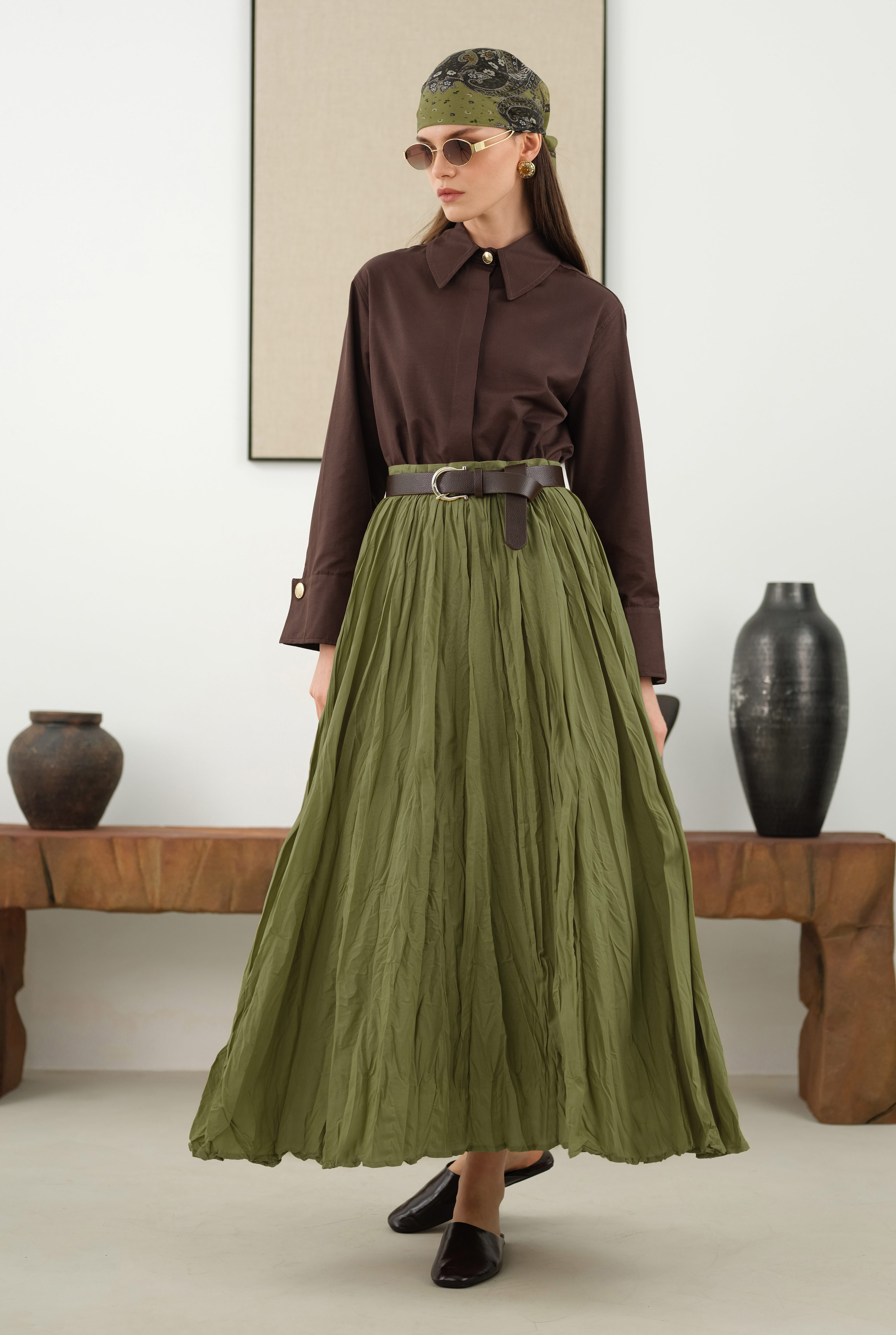 Wrinkled Voile Skirt Oil Green - 2