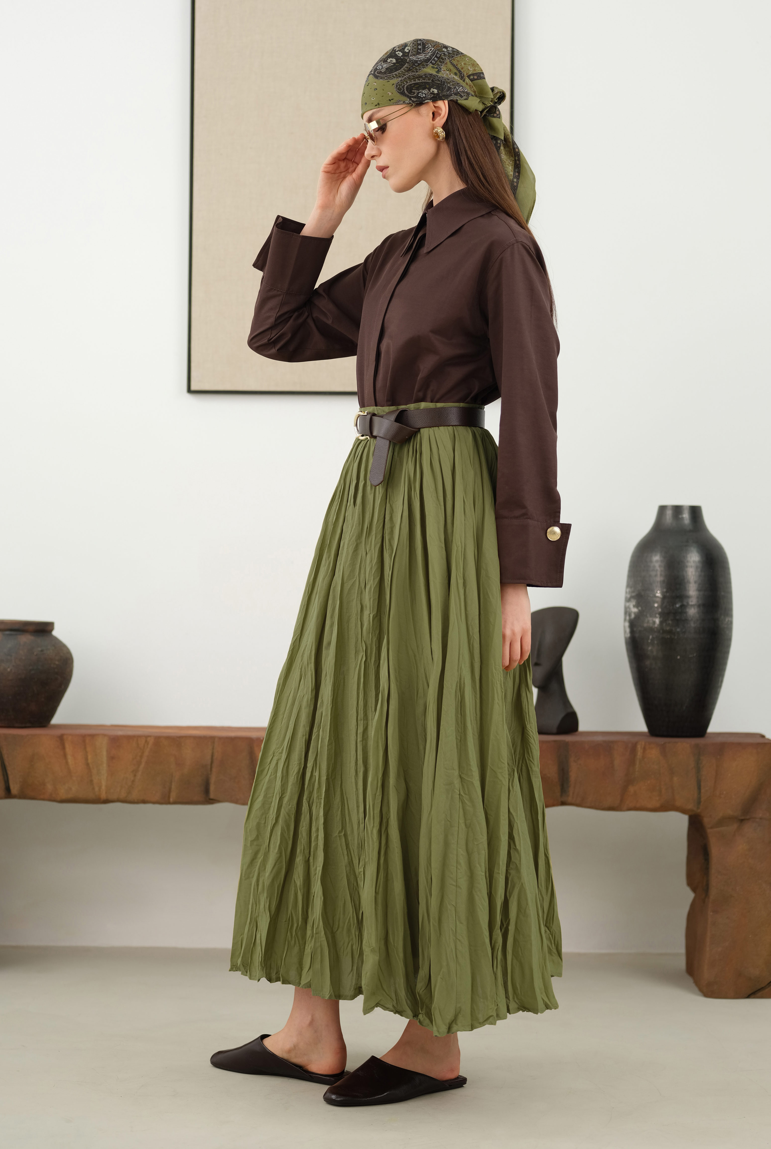 Wrinkled Voile Skirt Oil Green - 3