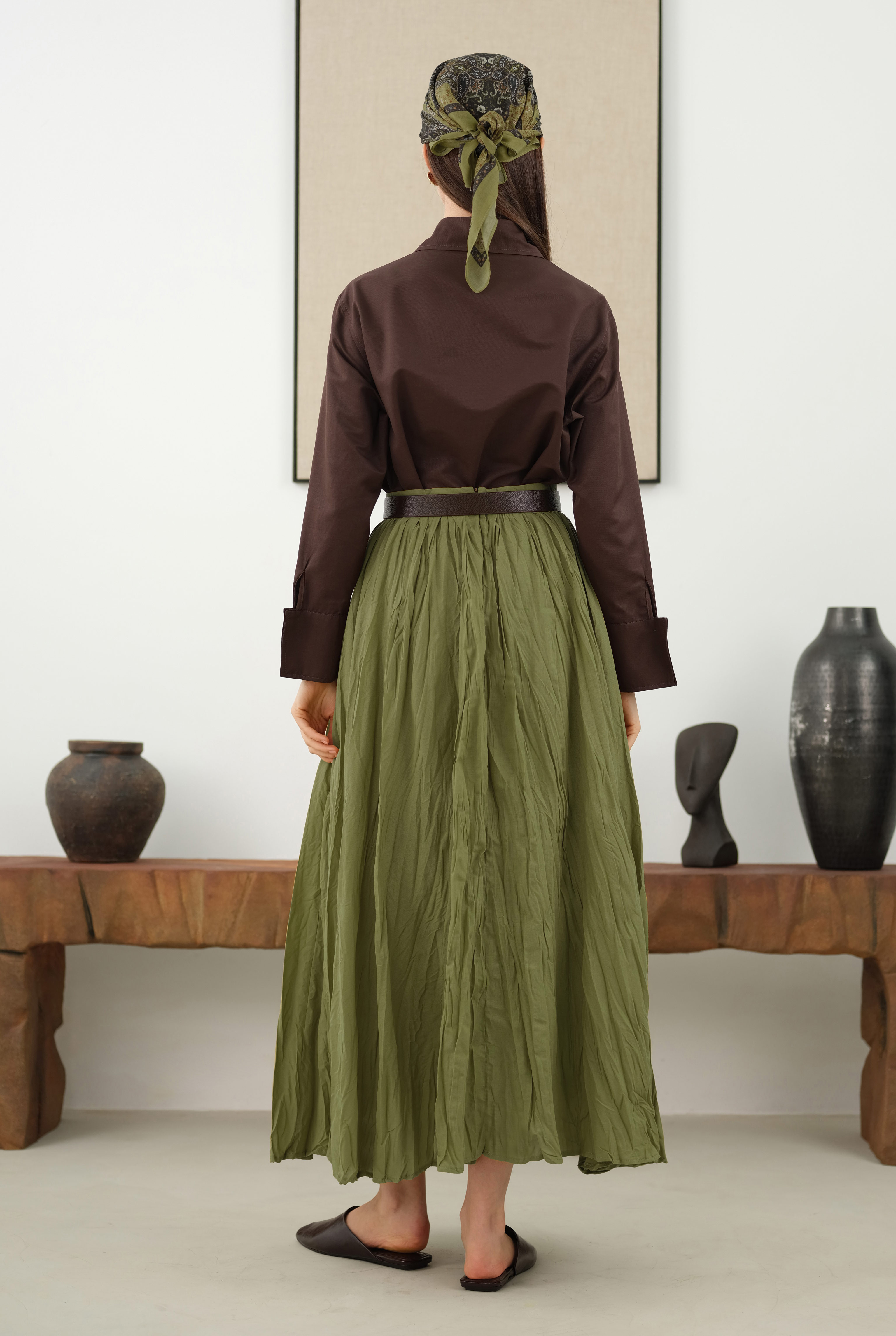 Wrinkled Voile Skirt Oil Green - 4