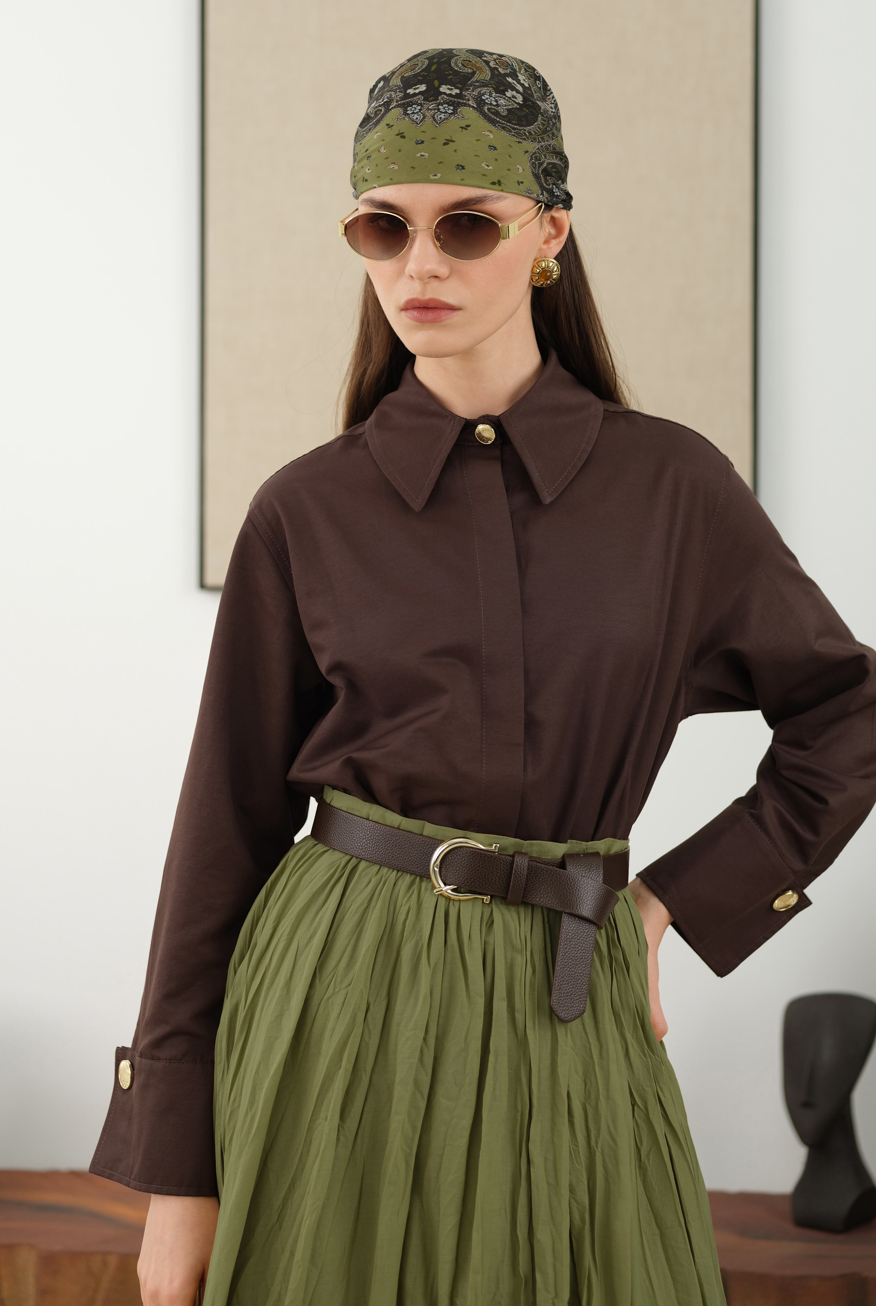 Wrinkled Voile Skirt Oil Green - 5