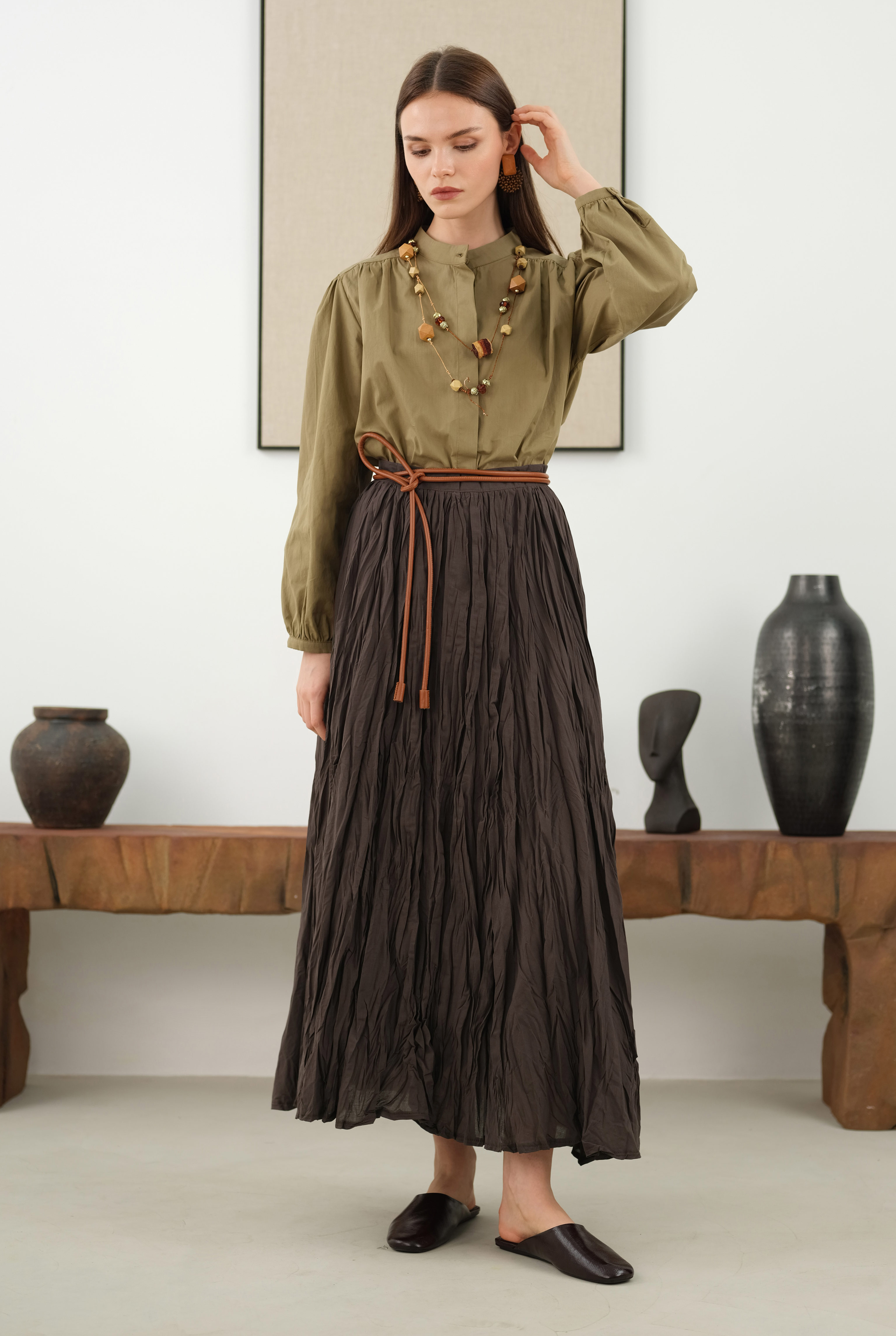 Wrinkled Voile Skirt Dark Brown - 2