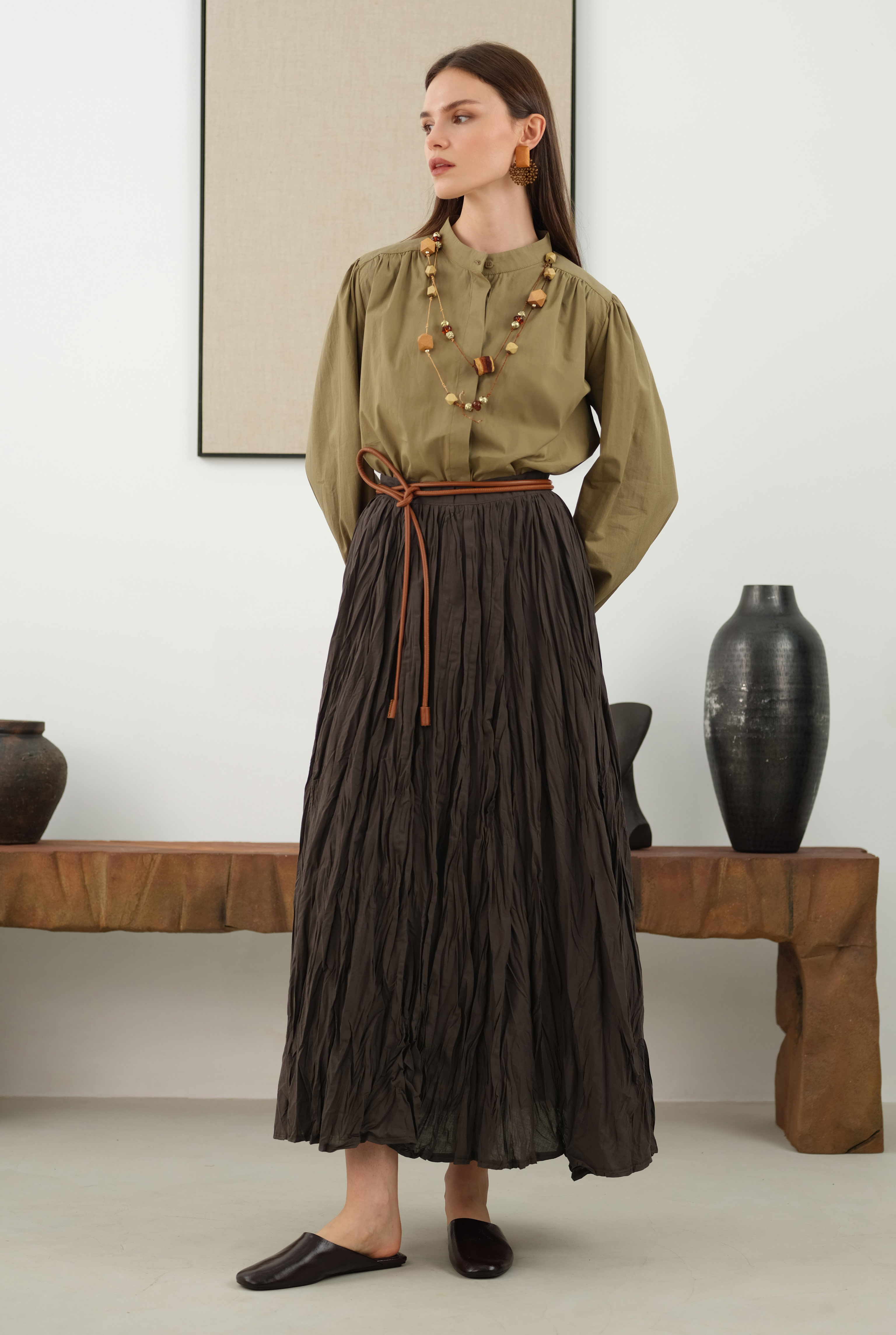 Wrinkled Voile Skirt Dark Brown - 3