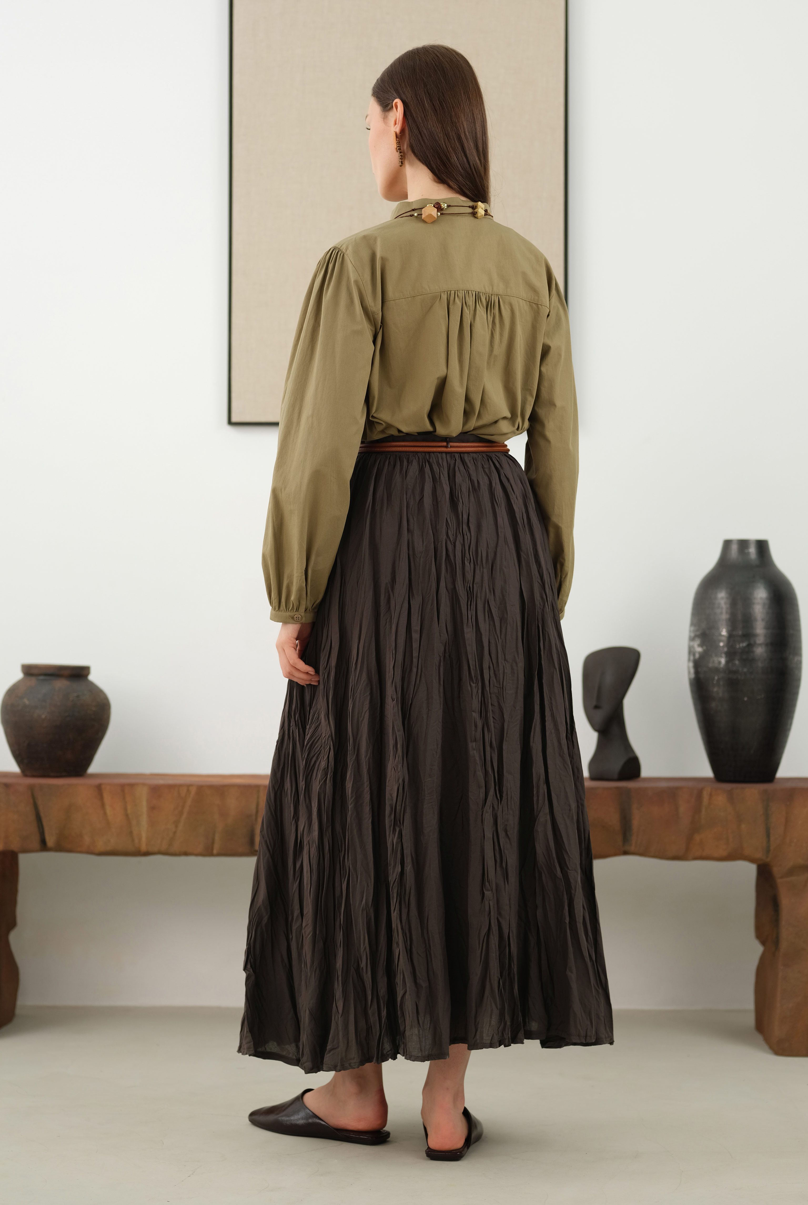 Wrinkled Voile Skirt Dark Brown - 4