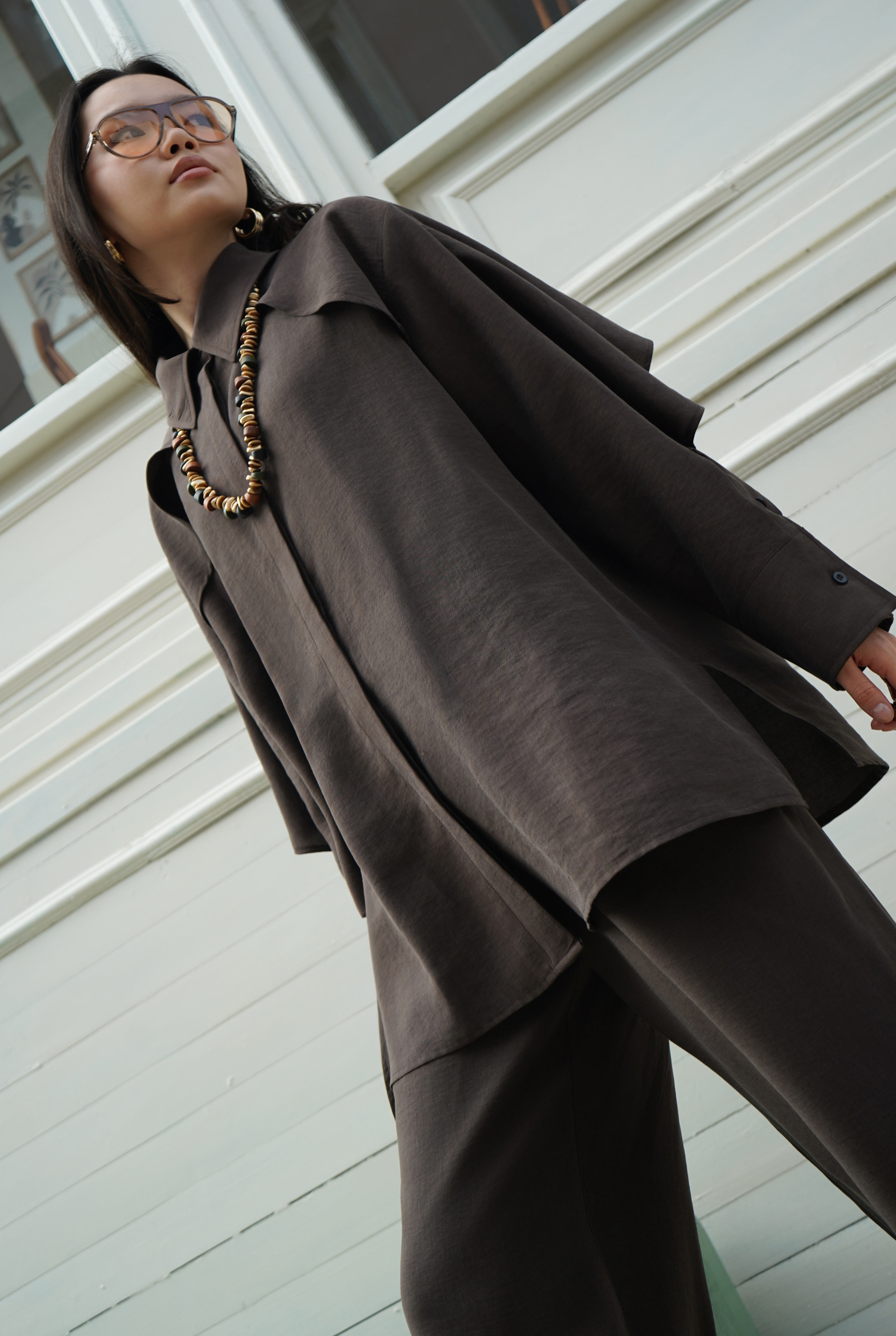 Snap-Button Detailed Tencel Set Dark Brown - 4
