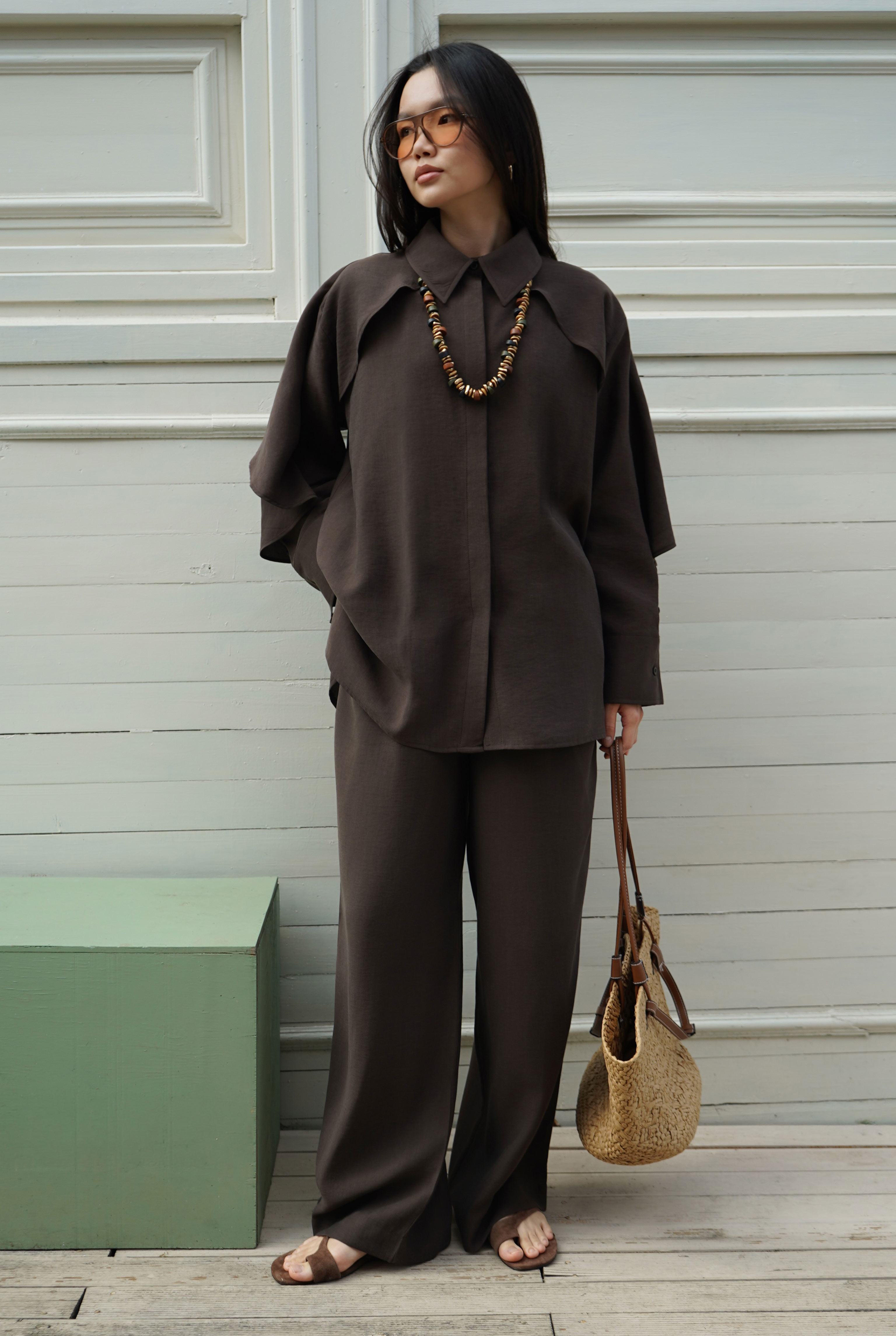 Snap-Button Detailed Tencel Set Dark Brown - 2