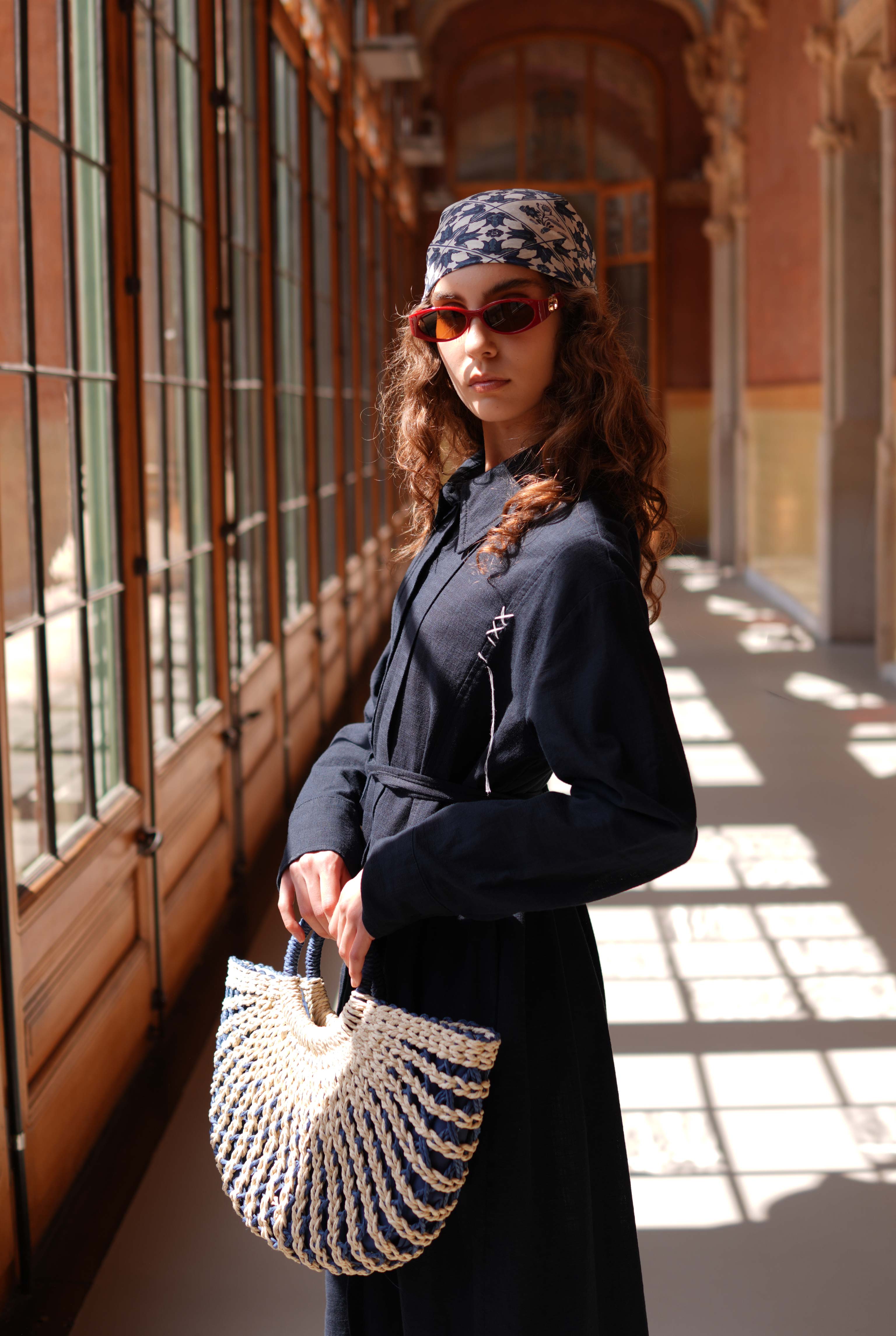 Straw Basket Bag Navy Blue - 3