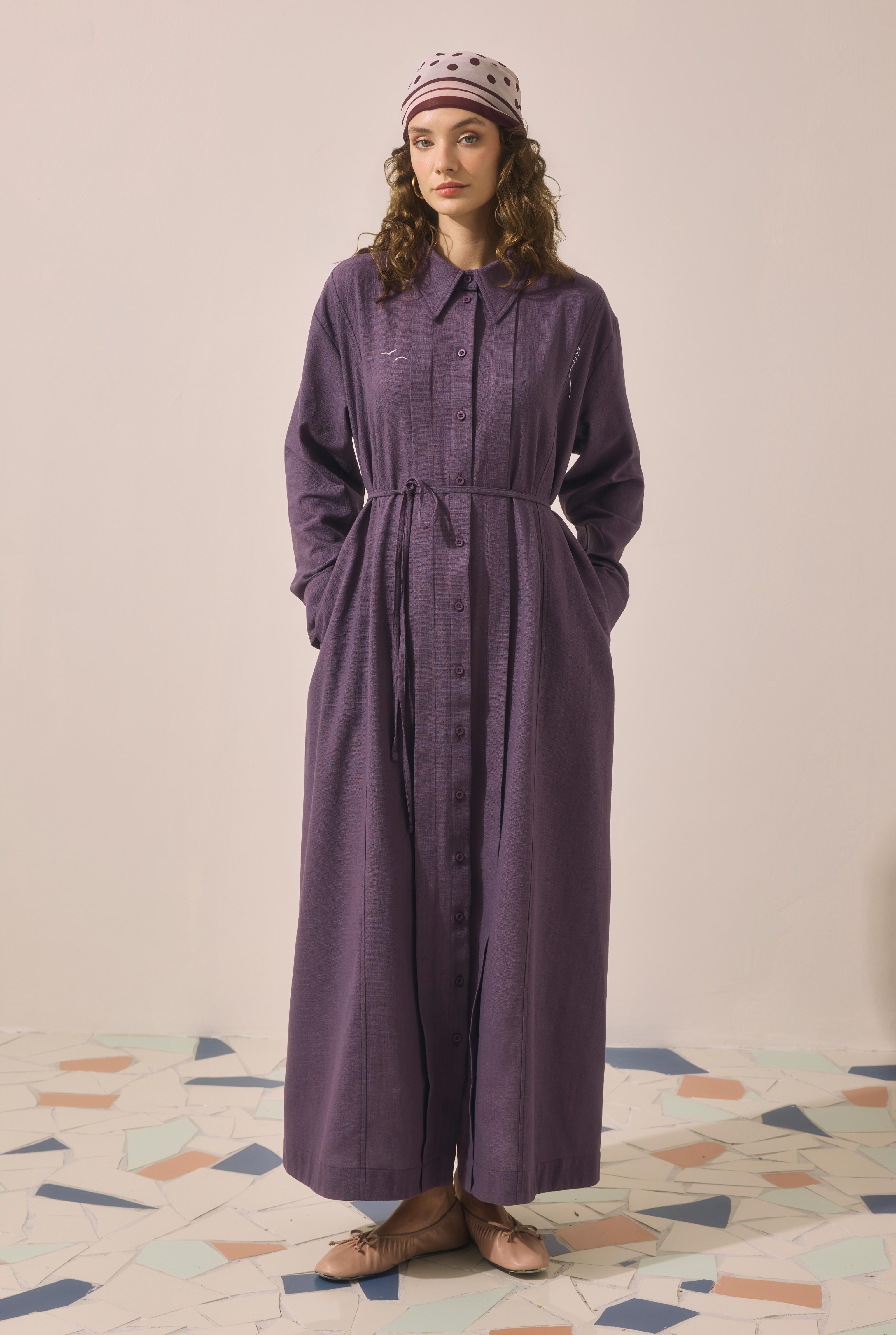 Embroidered Cotton Dress Retro Violet - HE-QA