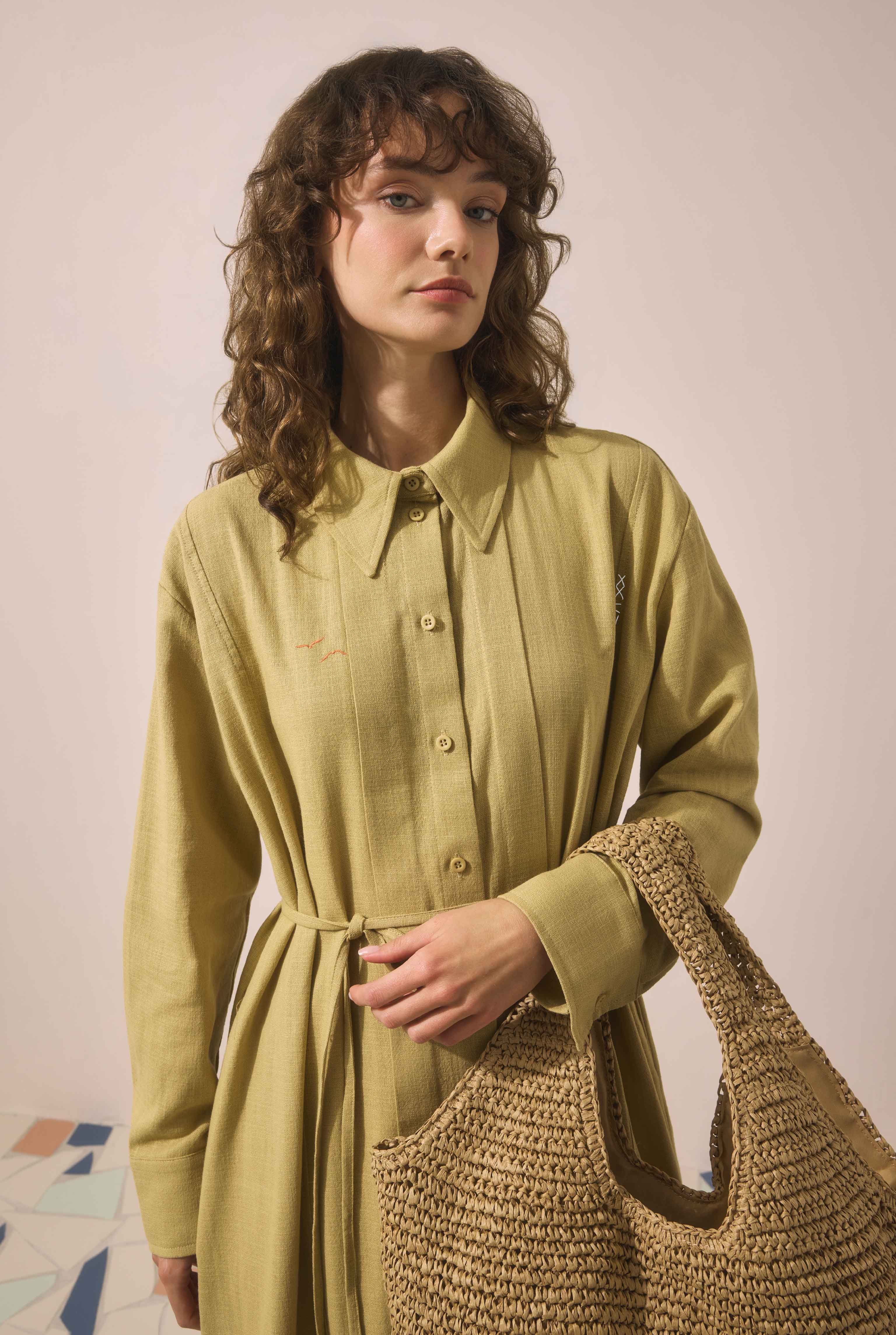 Embroidered Cotton Dress Camel - 5