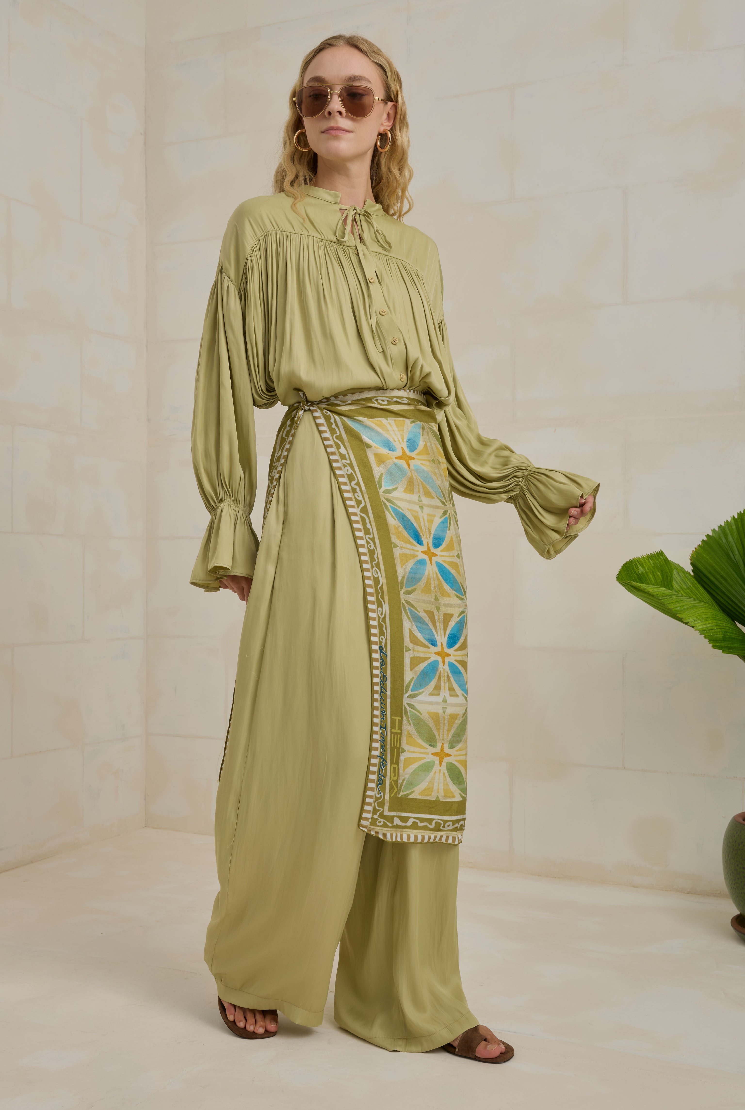 Gathered Sleeve Detailed Set Light Sage Green - 2