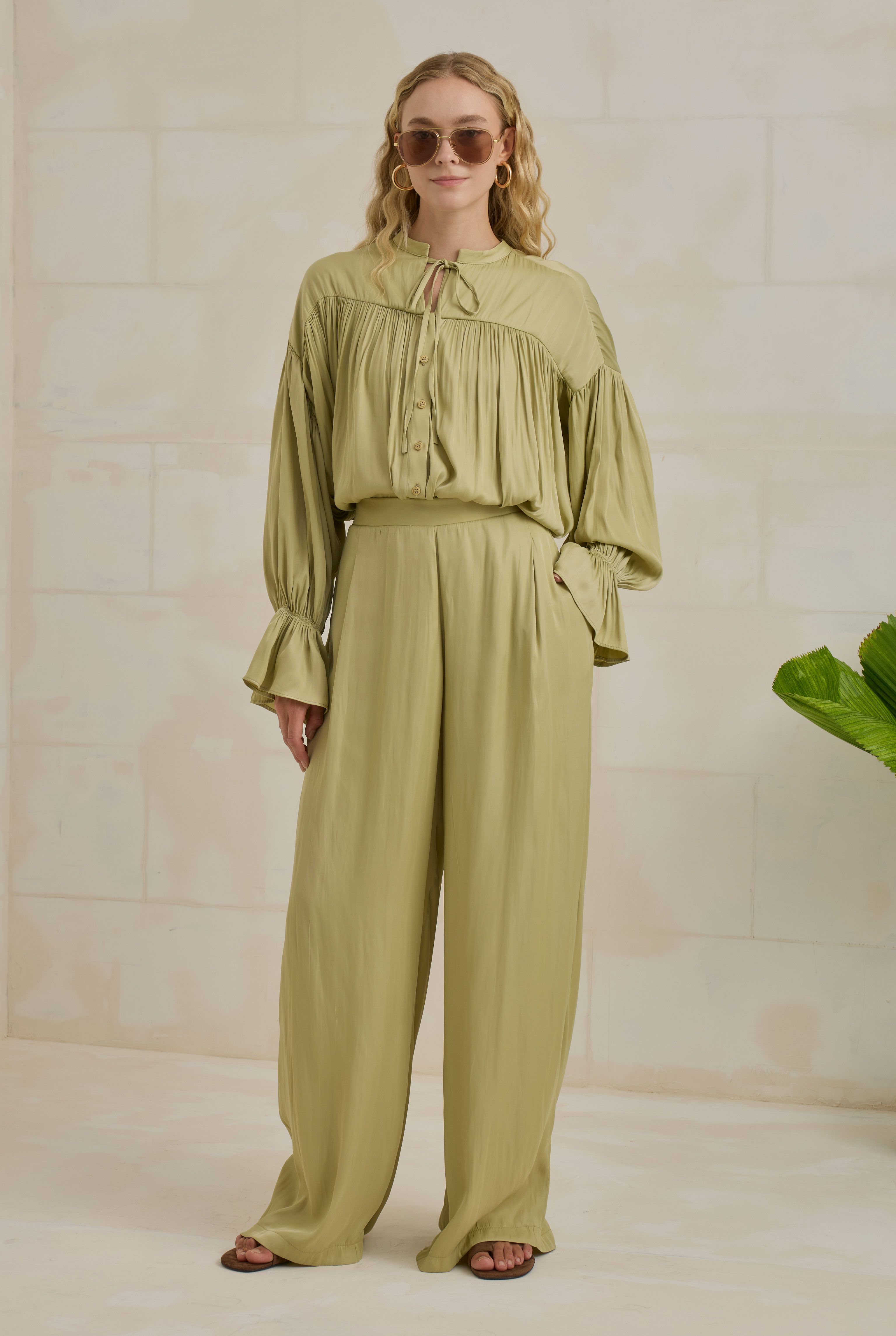 Gathered Sleeve Detailed Set Light Sage Green - 3