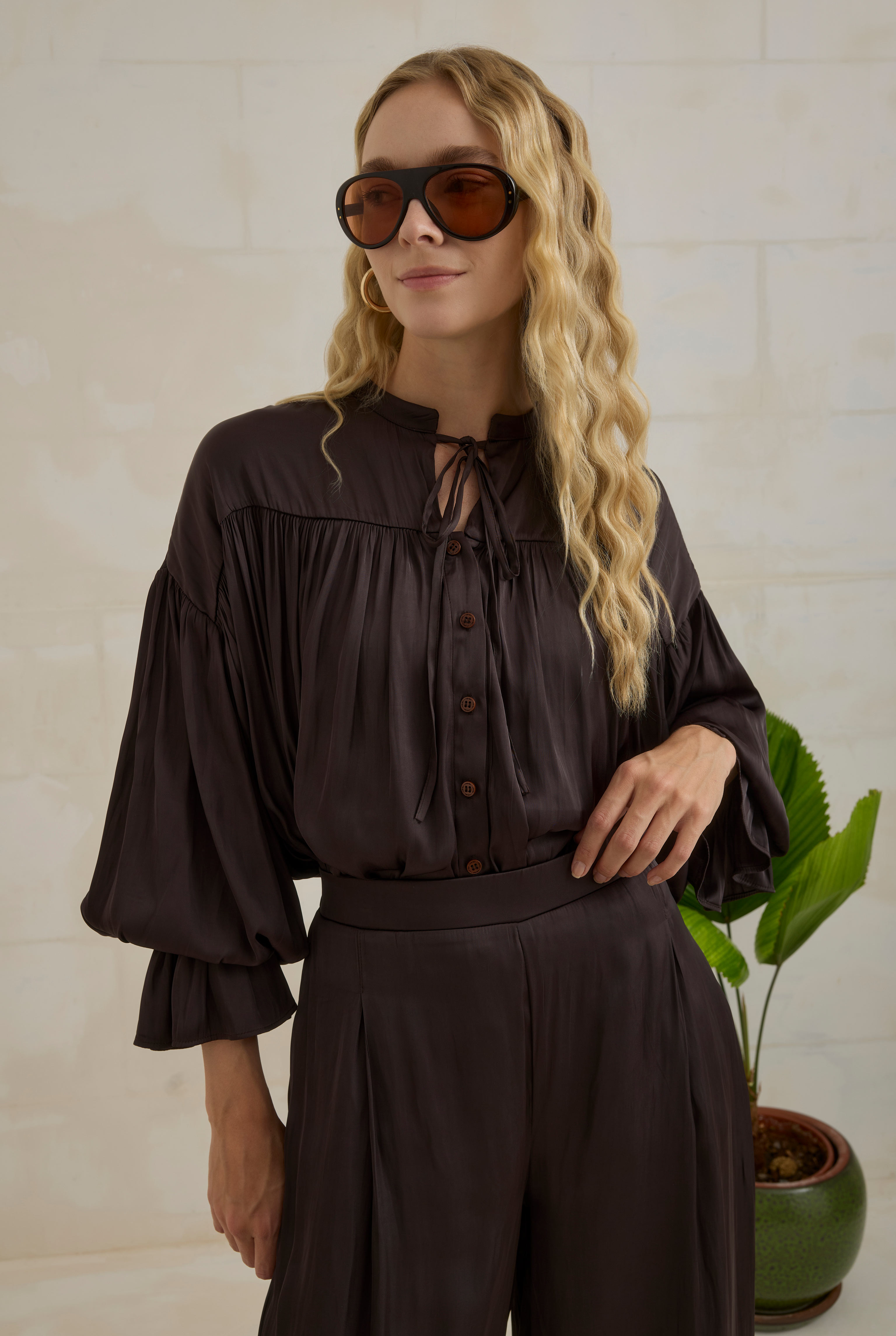Gathered Sleeve Detailed Set Dark Brown - 6