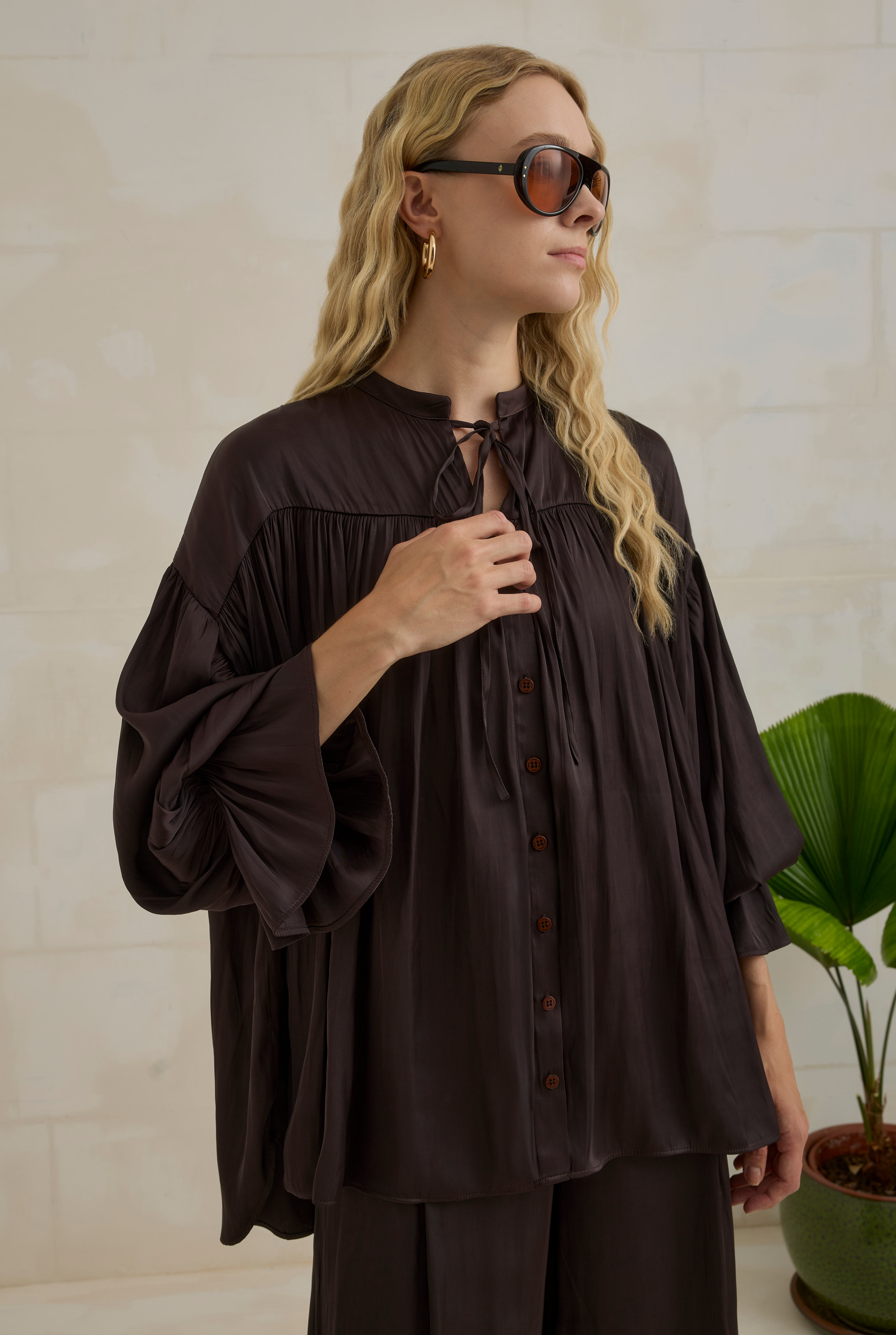 Gathered Sleeve Detailed Set Dark Brown - 7