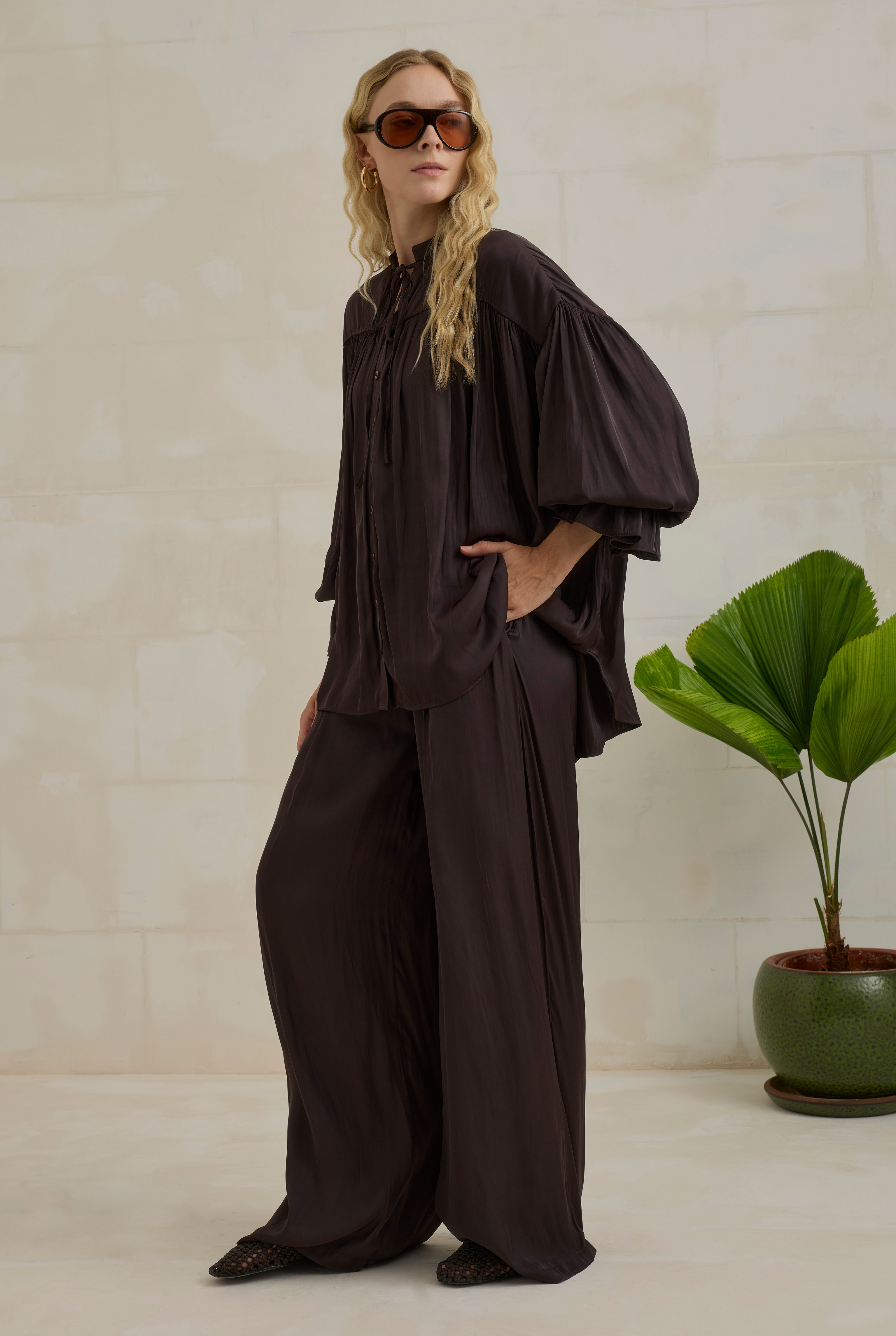 Gathered Sleeve Detailed Set Dark Brown - 1