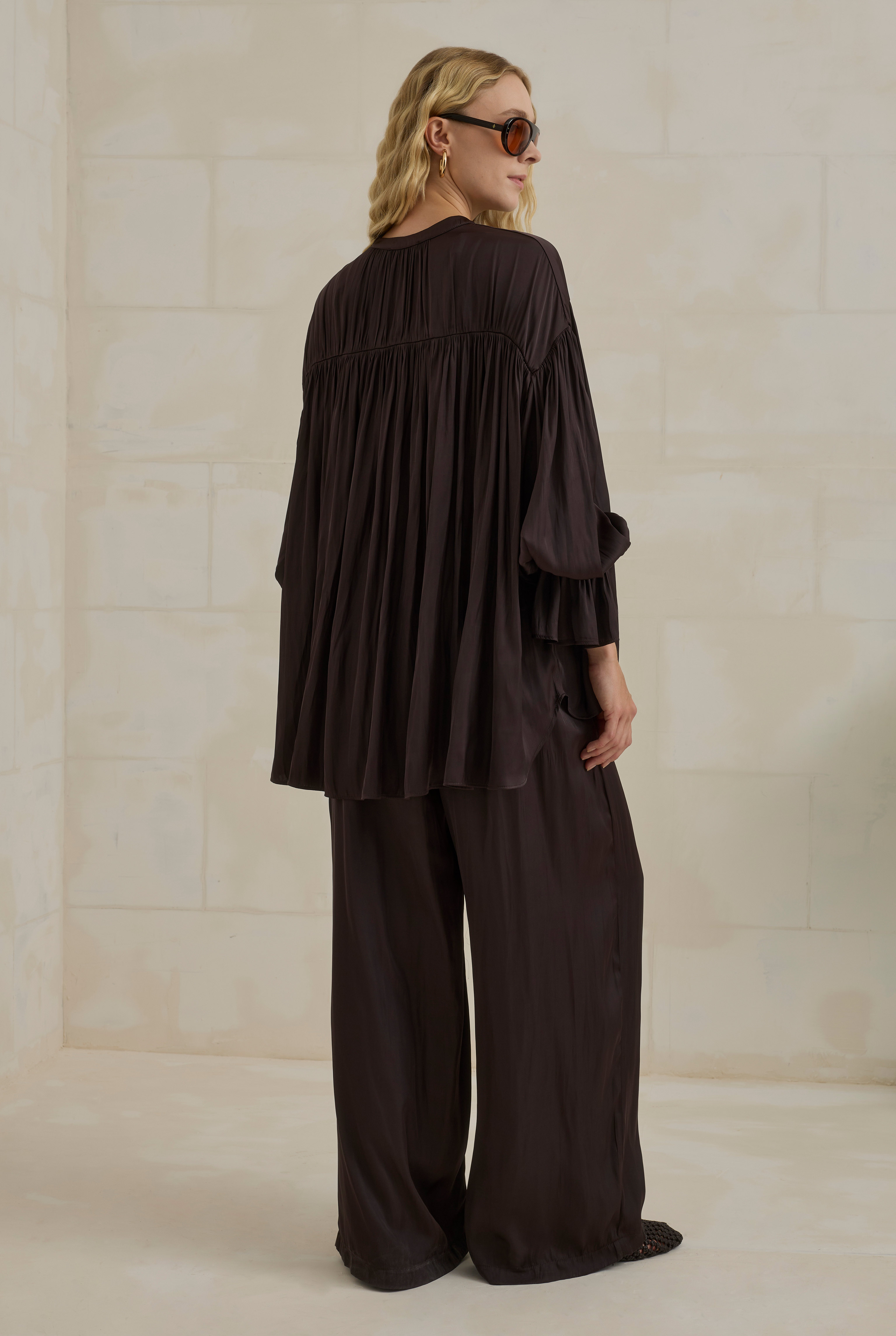 Gathered Sleeve Detailed Set Dark Brown - 3