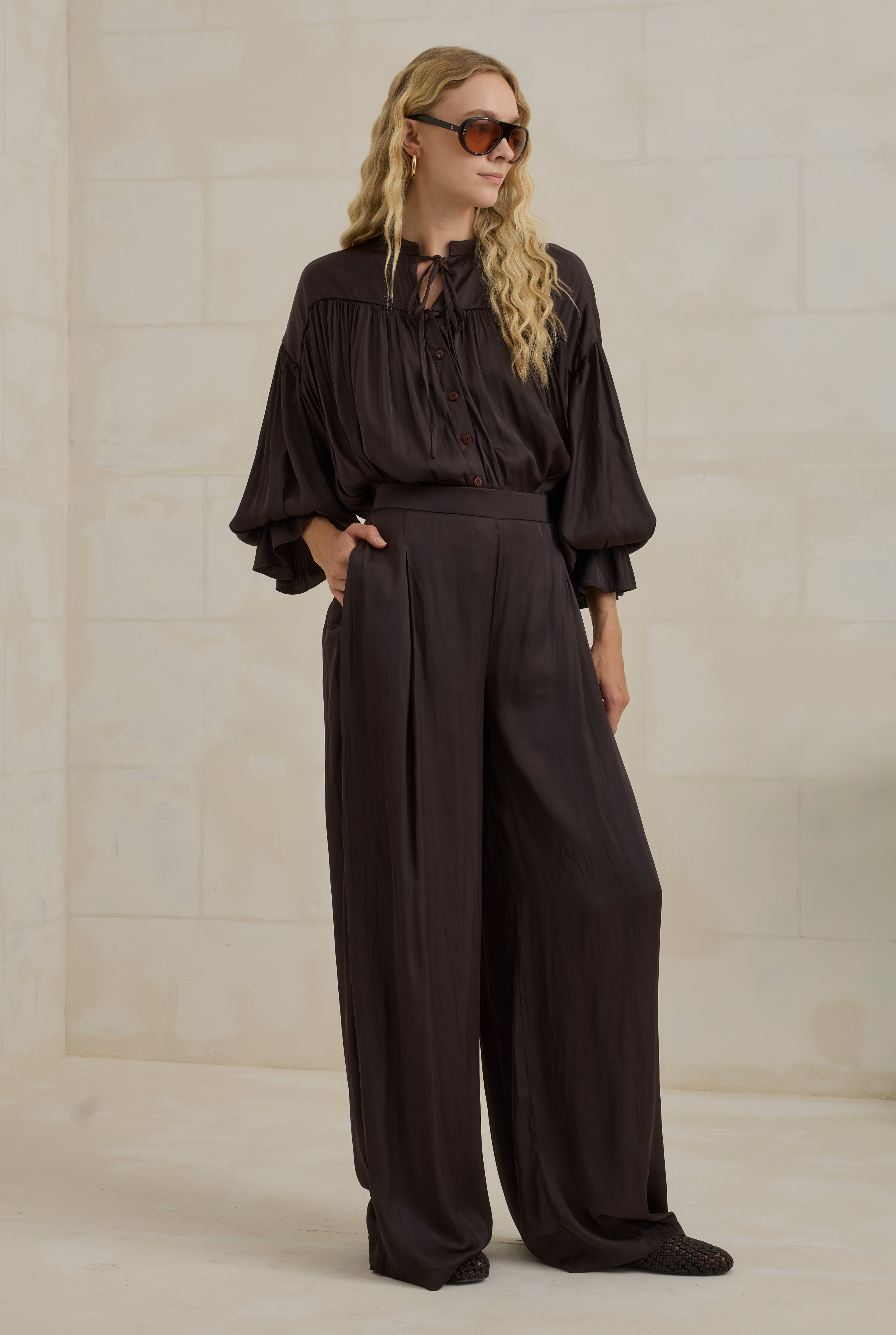 Gathered Sleeve Detailed Set Dark Brown - 2