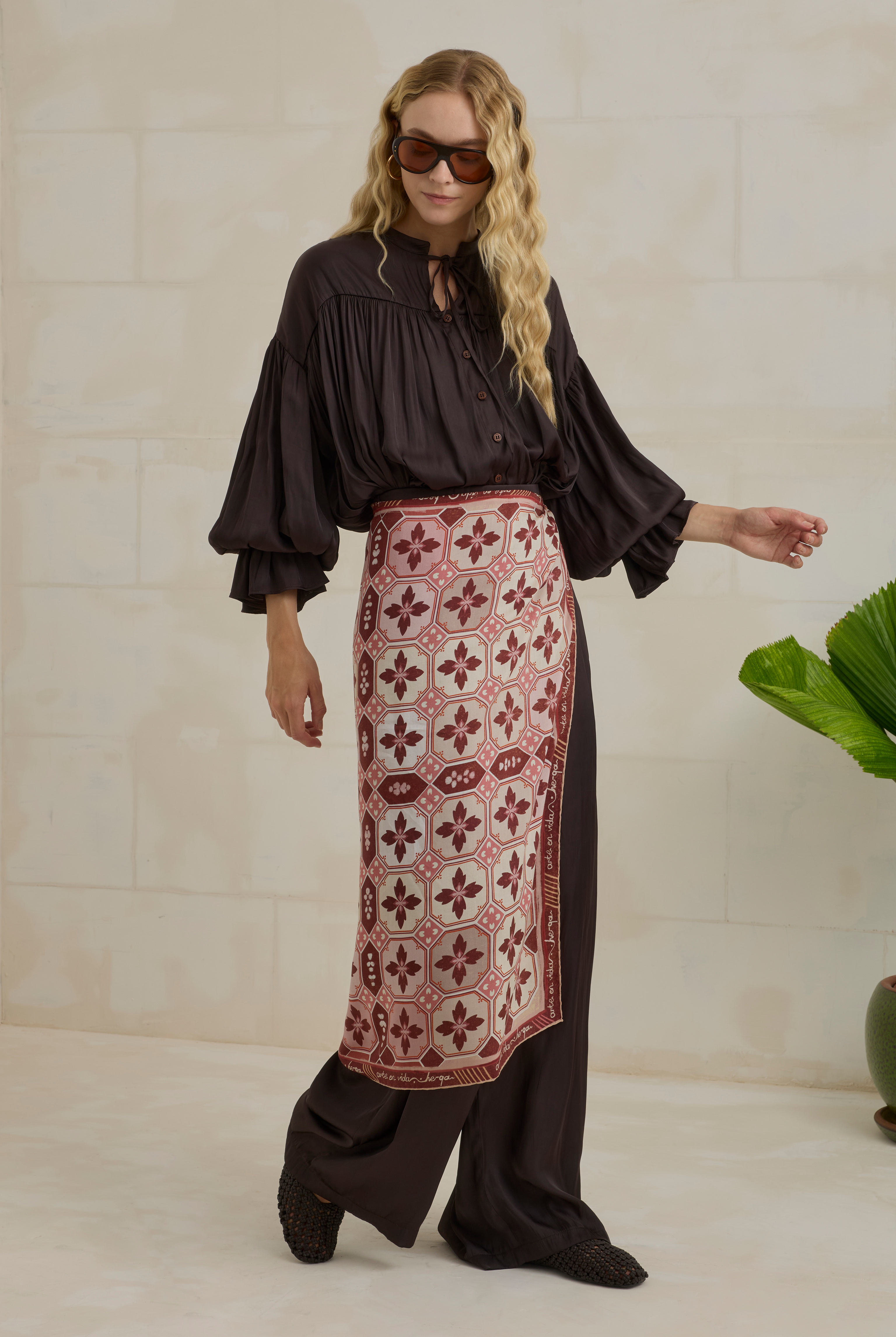 Gathered Sleeve Detailed Set Dark Brown - 4
