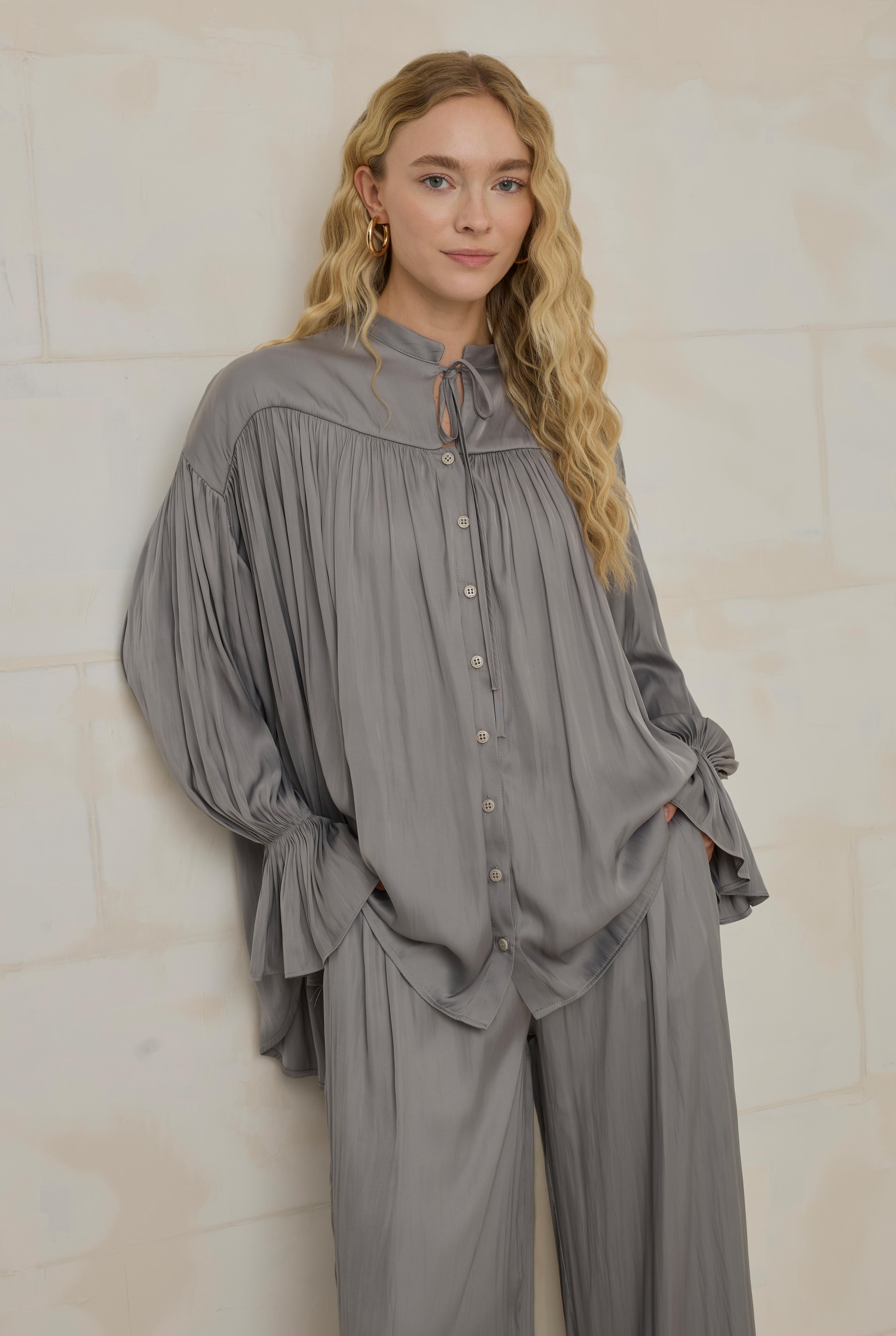 Gathered Sleeve Detailed Set Gray - HE-QA