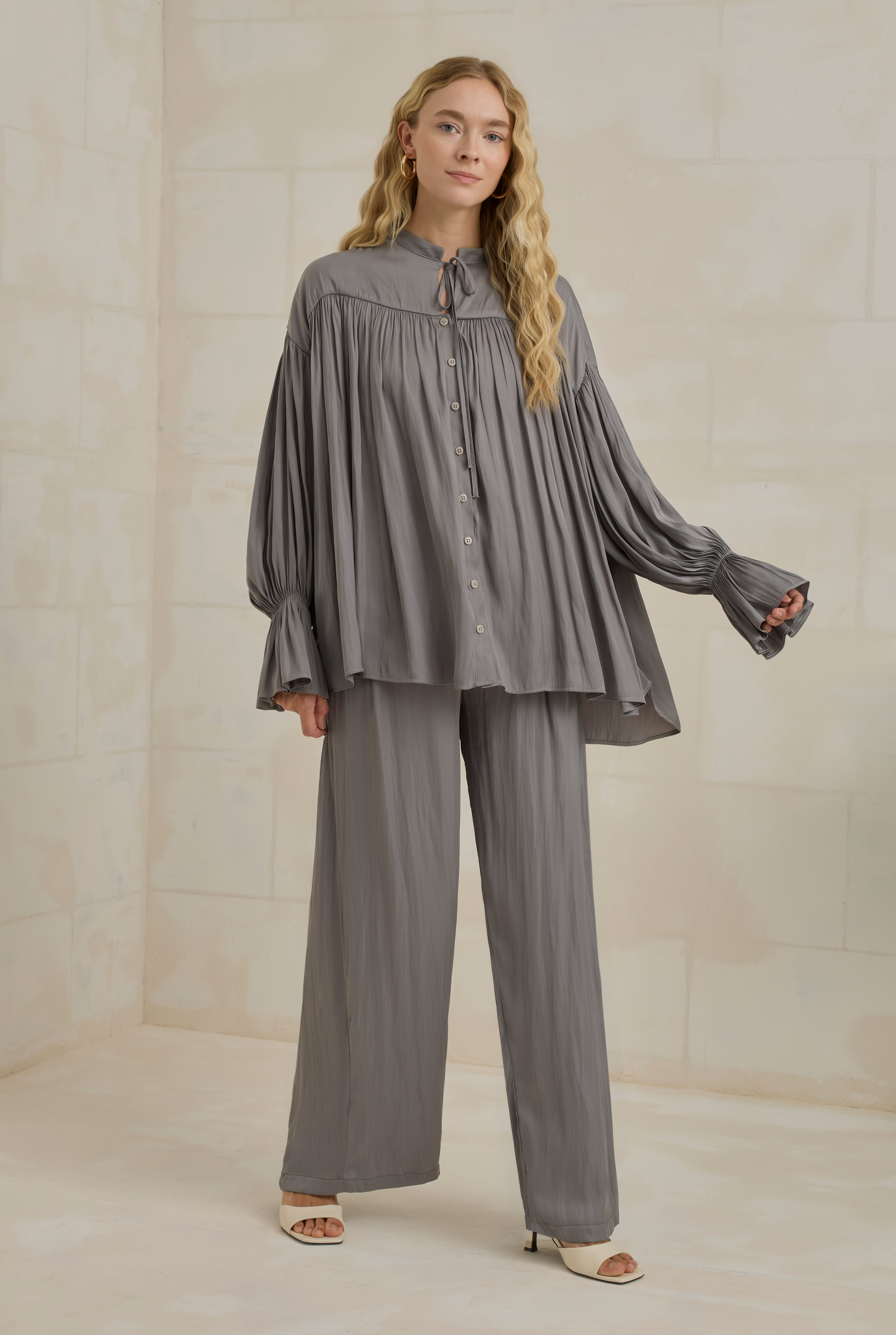 Gathered Sleeve Detailed Set Gray - 2