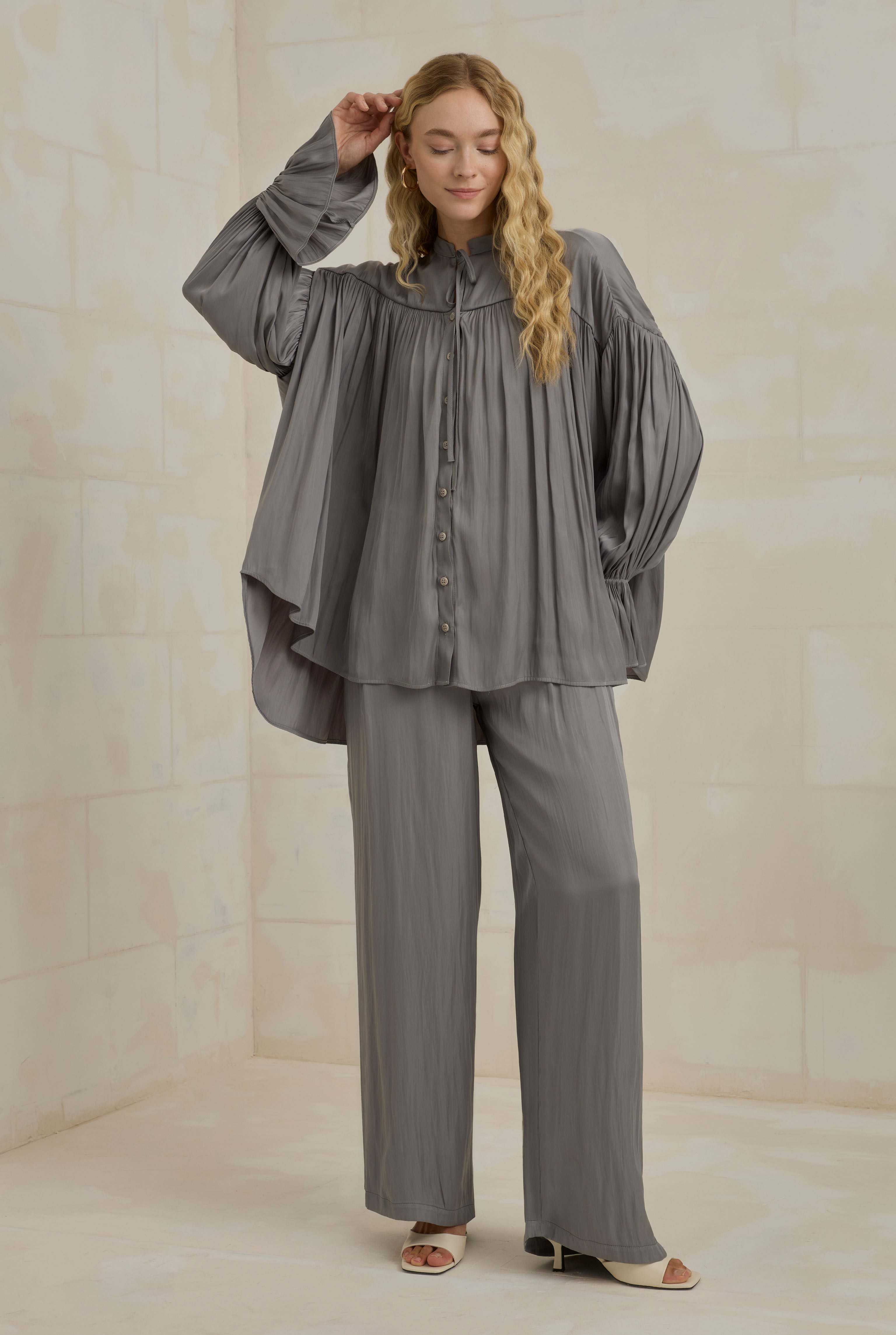 Gathered Sleeve Detailed Set Gray - 3